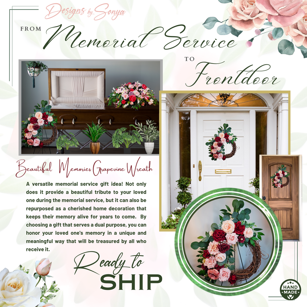 Grapevine Front Door Wreath - Country Rustic Porch, Memorial Service Handcrafted with Roses, Camellias, Dahlias, Greenery