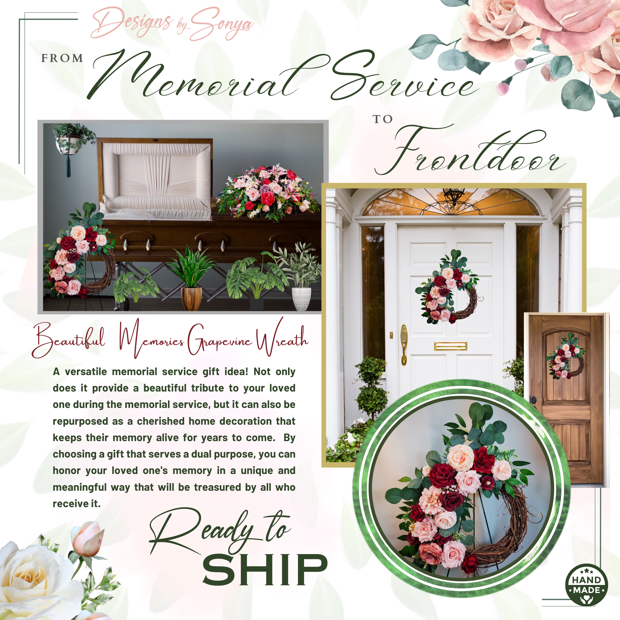 Grapevine Front Door Wreath - Country Rustic Porch, Memorial Service Handcrafted with Roses, Camellias, Dahlias, Greenery