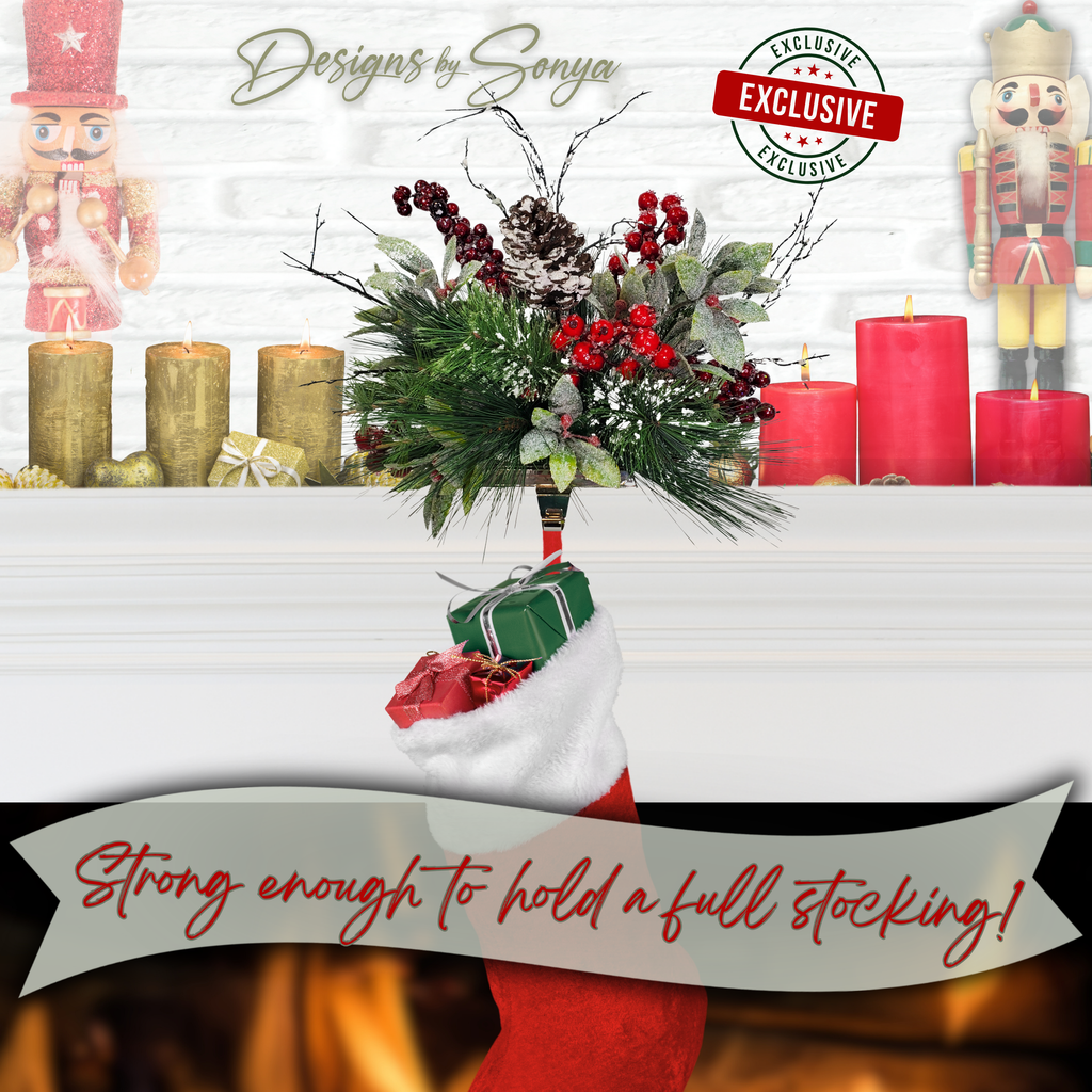 Strong Hold Stocking Display
Christmas pinecone stocking holder shown holding a full stocking. Durable silver base with felt pad protects mantel while the holiday arrangement adds festive beauty and functional strength.