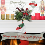 Strong Hold Stocking Display
Christmas pinecone stocking holder shown holding a full stocking. Durable silver base with felt pad protects mantel while the holiday arrangement adds festive beauty and functional strength.