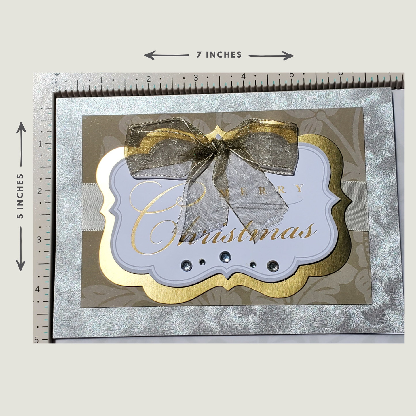 LIMITED EDITION | Elegant Handmade Merry Christmas Card | Luxury Holiday Greeting Gold Accents, Sheer Ribbon Bow, Rhinestones, Unique Design