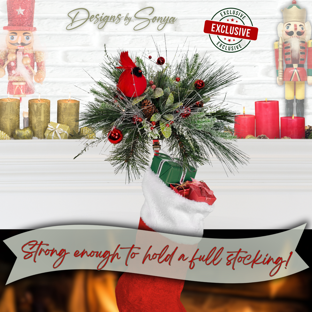 Strong Stocking Holder Display
Cardinal stocking holder shown holding a full stocking. Durable hook provides strength and stability while offering a meaningful Christmas remembrance accent for mantel décor.