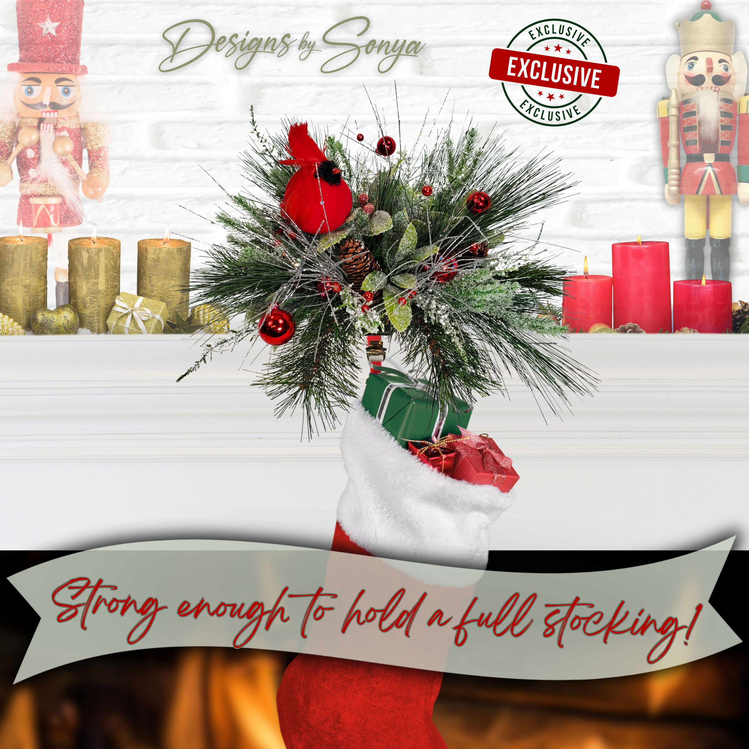 Strong Stocking Holder Display
Cardinal stocking holder shown holding a full stocking. Durable hook provides strength and stability while offering a meaningful Christmas remembrance accent for mantel décor.