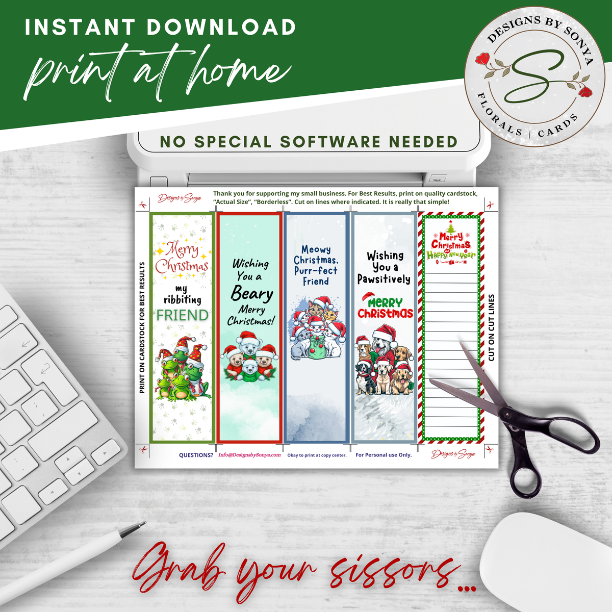Printable Christmas Bookmarks | Set of 5 Holiday Animal Bookmarks | Classroom Gifts, Teacher Gifts & Stocking Stuffers | 2 x 7 PDF