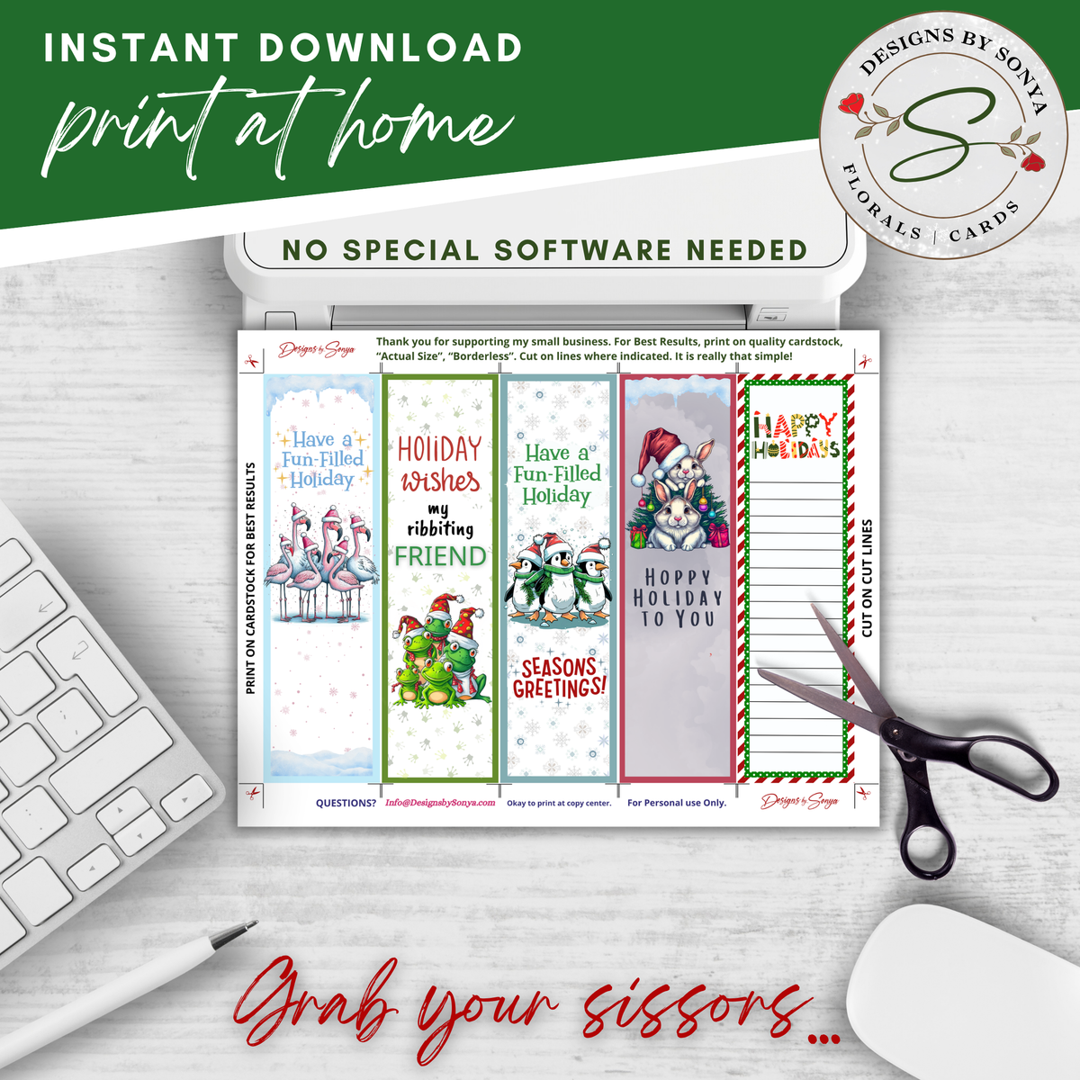 Printable Christmas Bookmarks | Set of 5 Holiday Animal Bookmarks | Flamingos, Frogs, Penguins & Bunnies | Classroom Gifts | 2 x 7 PDF