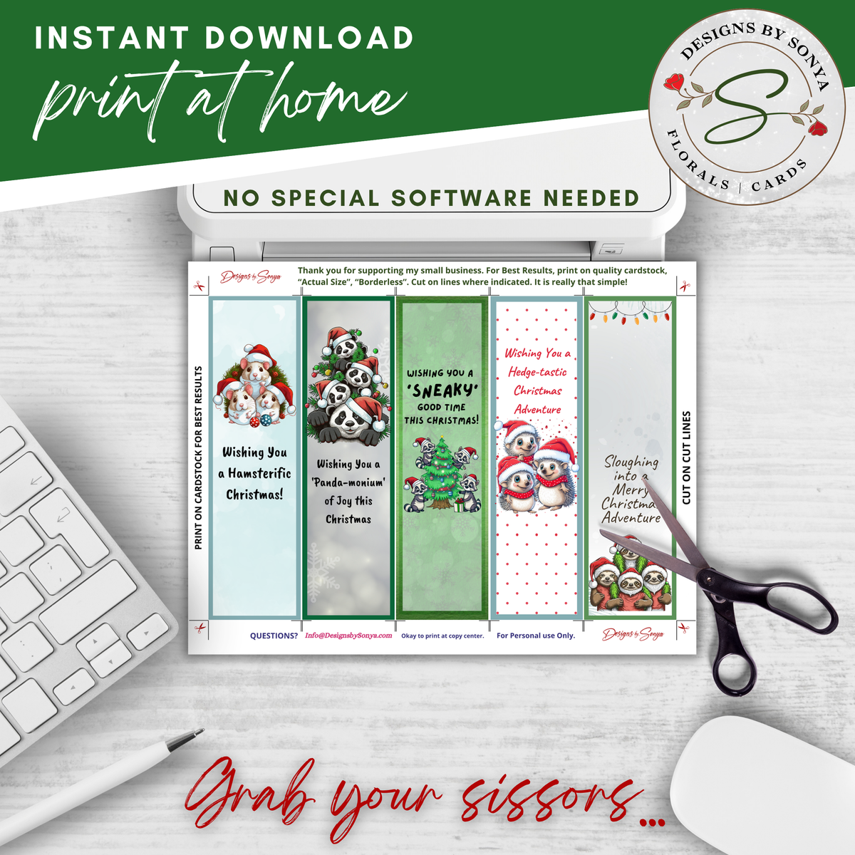 Printable Christmas Bookmarks | Set of 5 Cute Animal Holiday Bookmarks | Classroom Gifts, Teacher Gifts & Stocking Stuffers | 2 x 7 PDF