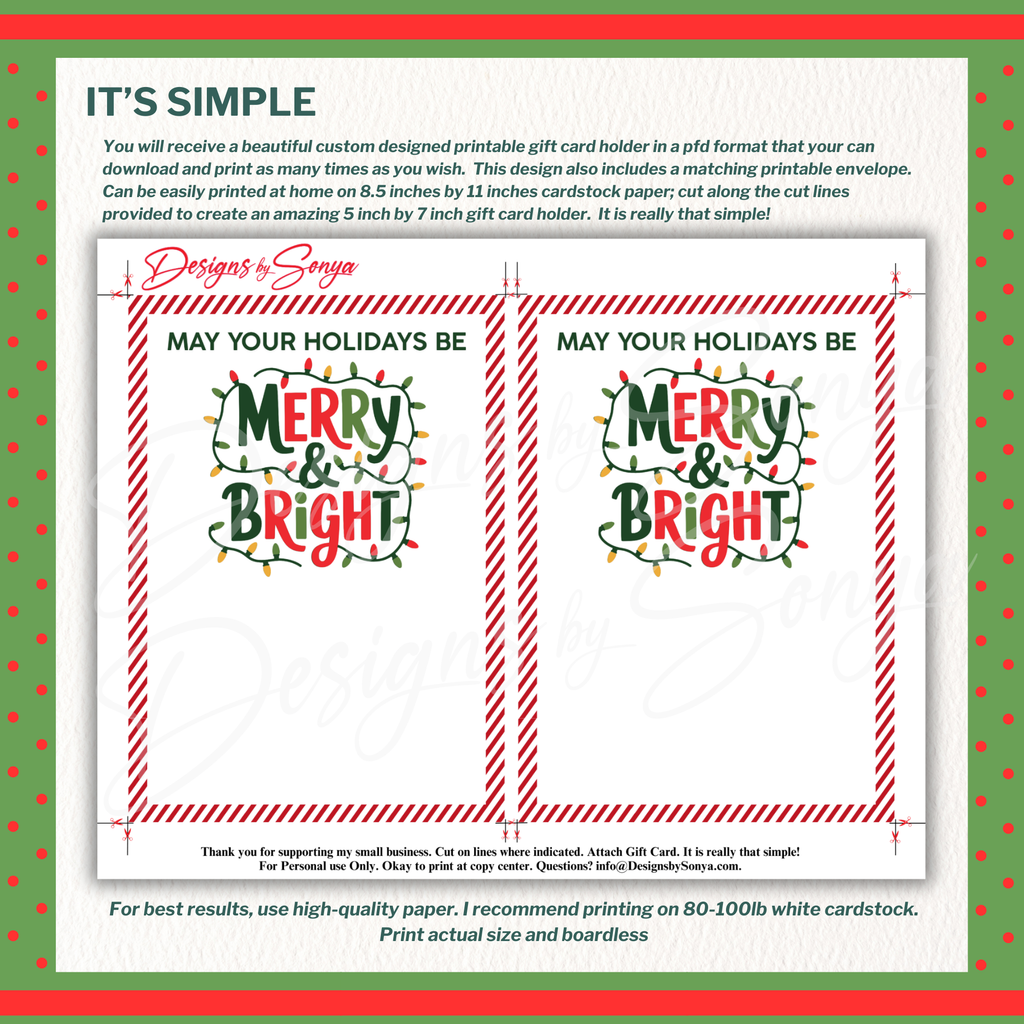 Christmas Gift Card Holder PDF Printout
Set of two printable Christmas gift card holders featuring “Merry & Bright” design with candy cane striped borders for easy at-home crafting.