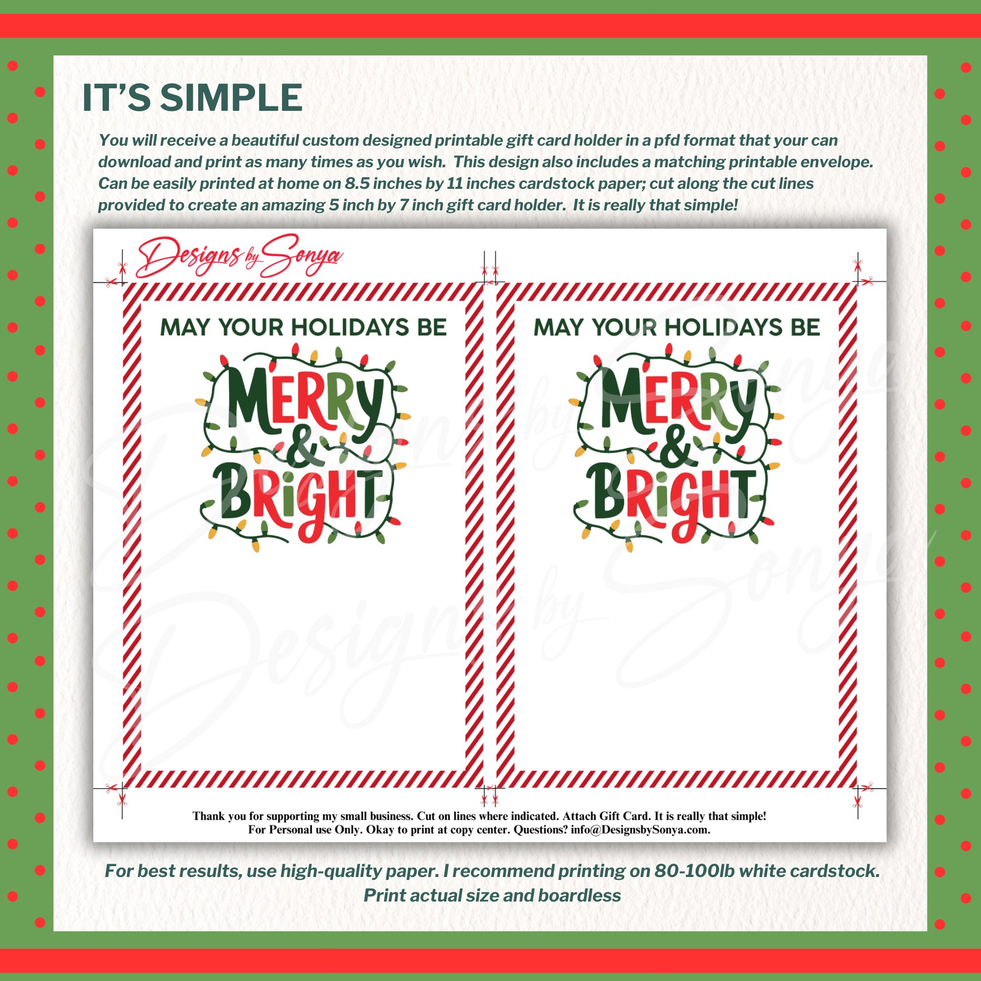 Christmas Gift Card Holder PDF Printout
Set of two printable Christmas gift card holders featuring “Merry & Bright” design with candy cane striped borders for easy at-home crafting.