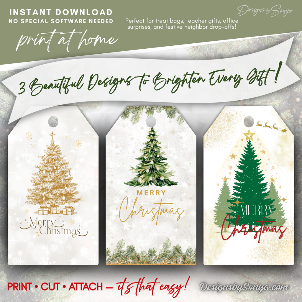 Overview of 3 Designs (3 Beautiful Designs to Brighten Every Gift!)
Set of 3 printable Christmas gift tag designs. Banner reads “3 Beautiful Designs to Brighten Every Gift!” Ideal for holiday wrapping, teachers, and neighbors.