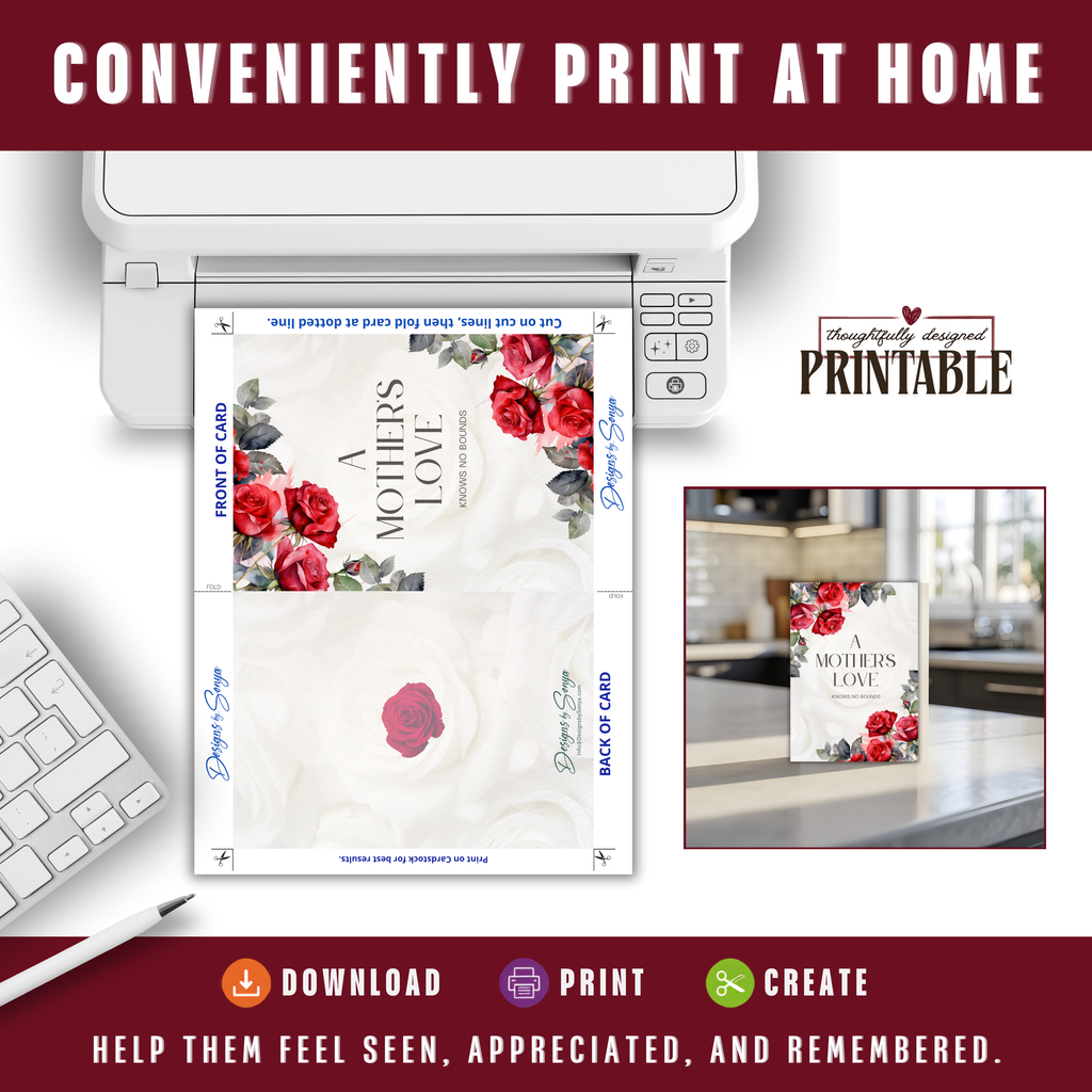 Printable Birthday Card for Mom | Elegant Red Rose Floral Greeting Card | A Mother's Love | A7 5x7 PDF