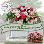 Pink & Red Rose Lily Headstone Saddle
Romantic silk headstone saddle arrangement with pink roses, red peonies, stargazer lilies, and lush greenery. A handcrafted tribute offering elegance and long-lasting outdoor durability.