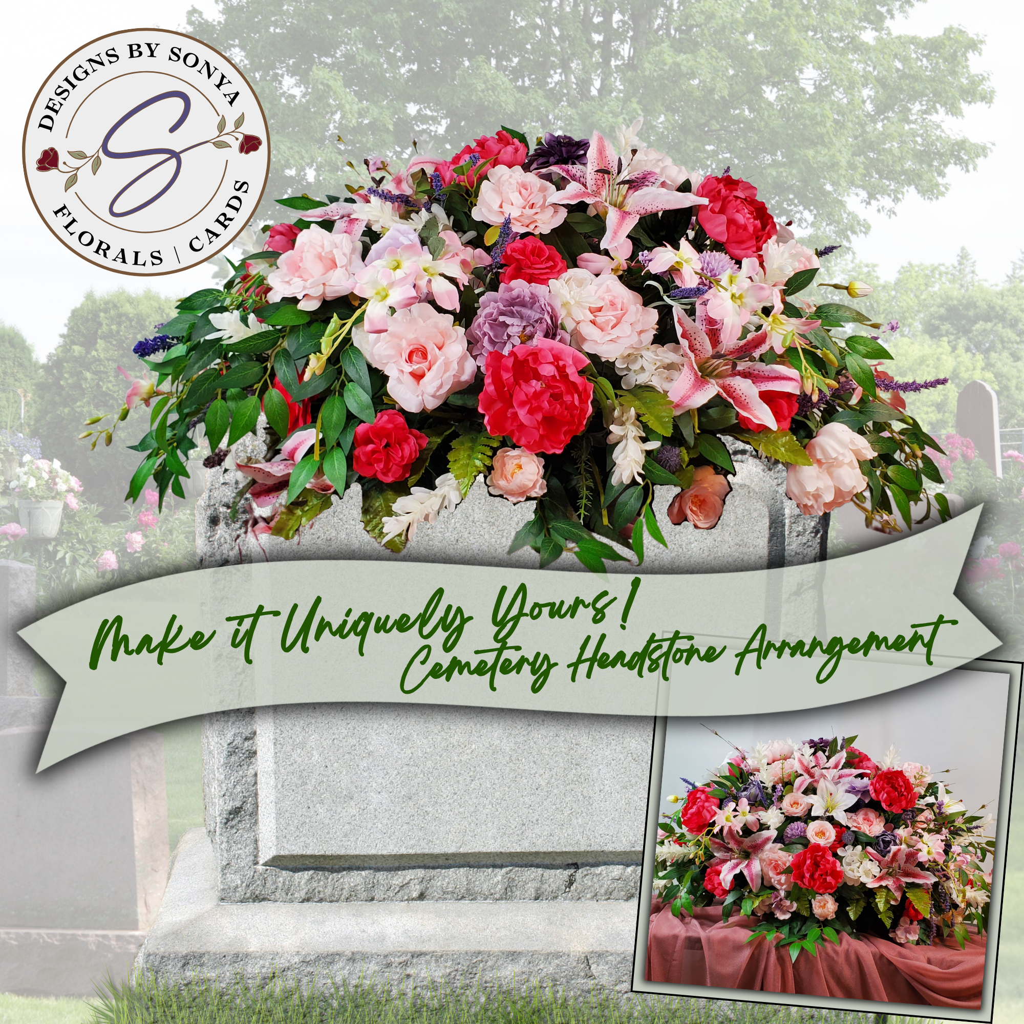 Pink & Red Rose Lily Headstone Saddle
Romantic silk headstone saddle arrangement with pink roses, red peonies, stargazer lilies, and lush greenery. A handcrafted tribute offering elegance and long-lasting outdoor durability.