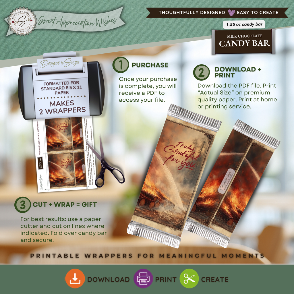 Truly Grateful for You Firefighter Candy Bar Wrapper | Printable Firefighter Thank You Gift | 1.55 oz Chocolate Bar