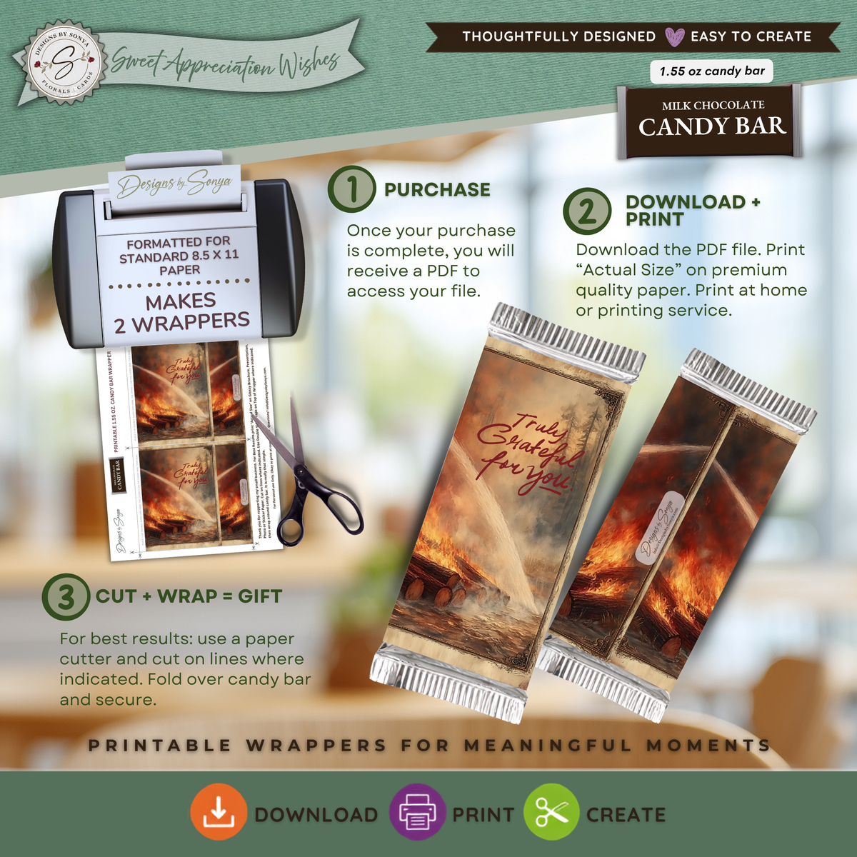 Truly Grateful for You Firefighter Candy Bar Wrapper | Printable Firefighter Thank You Gift | 1.55 oz Chocolate Bar