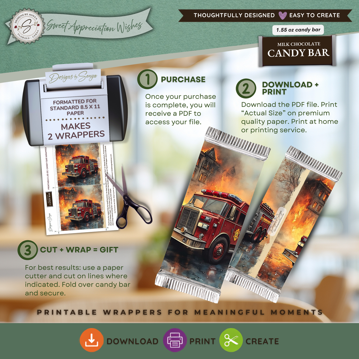 Printable Firefighter Candy Bar Wrapper | Fire Truck & Fire Rescue Appreciation Gift | 1.55 oz Chocolate Bar