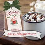 Red Mug Cocoa Tag with Whipped Cream and Candy Canes
Printable holiday tag featuring a red mug of cocoa topped with whipped cream, lollipops, and greenery, tied with green ribbon.