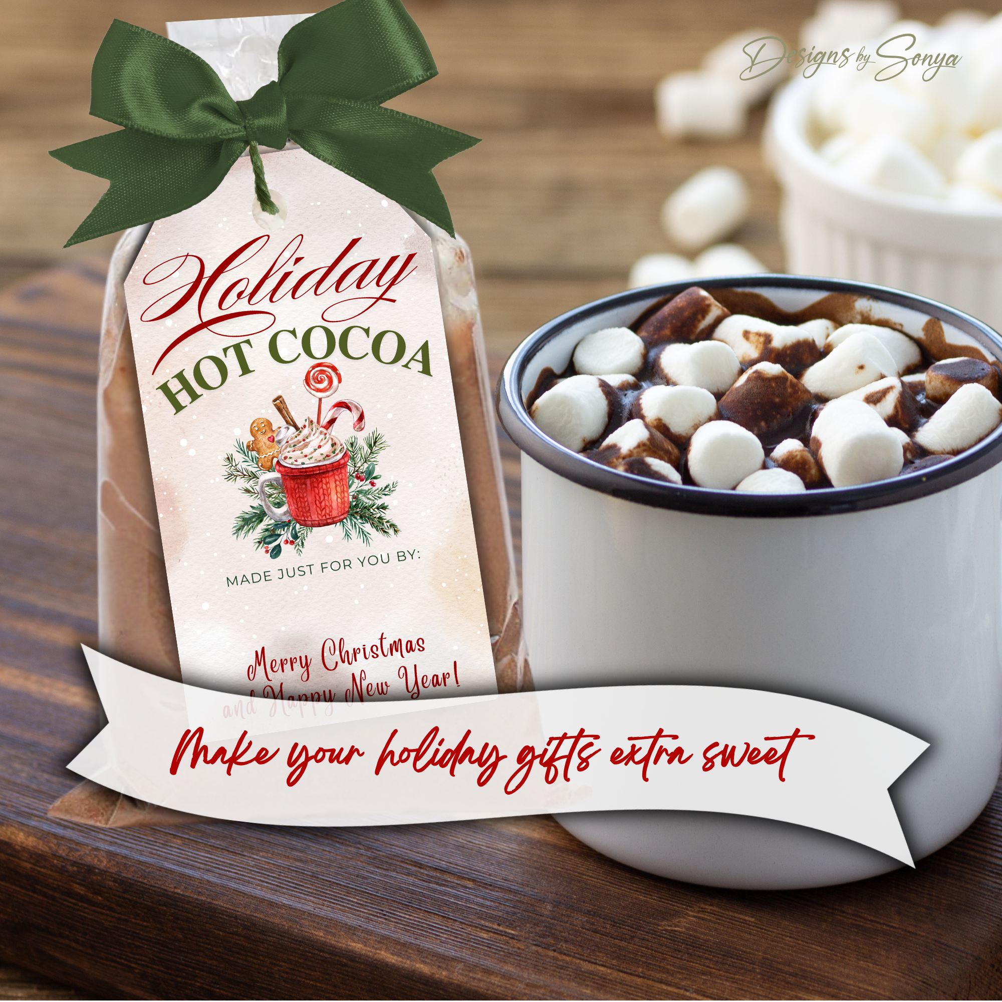 Red Mug Cocoa Tag with Whipped Cream and Candy Canes
Printable holiday tag featuring a red mug of cocoa topped with whipped cream, lollipops, and greenery, tied with green ribbon.