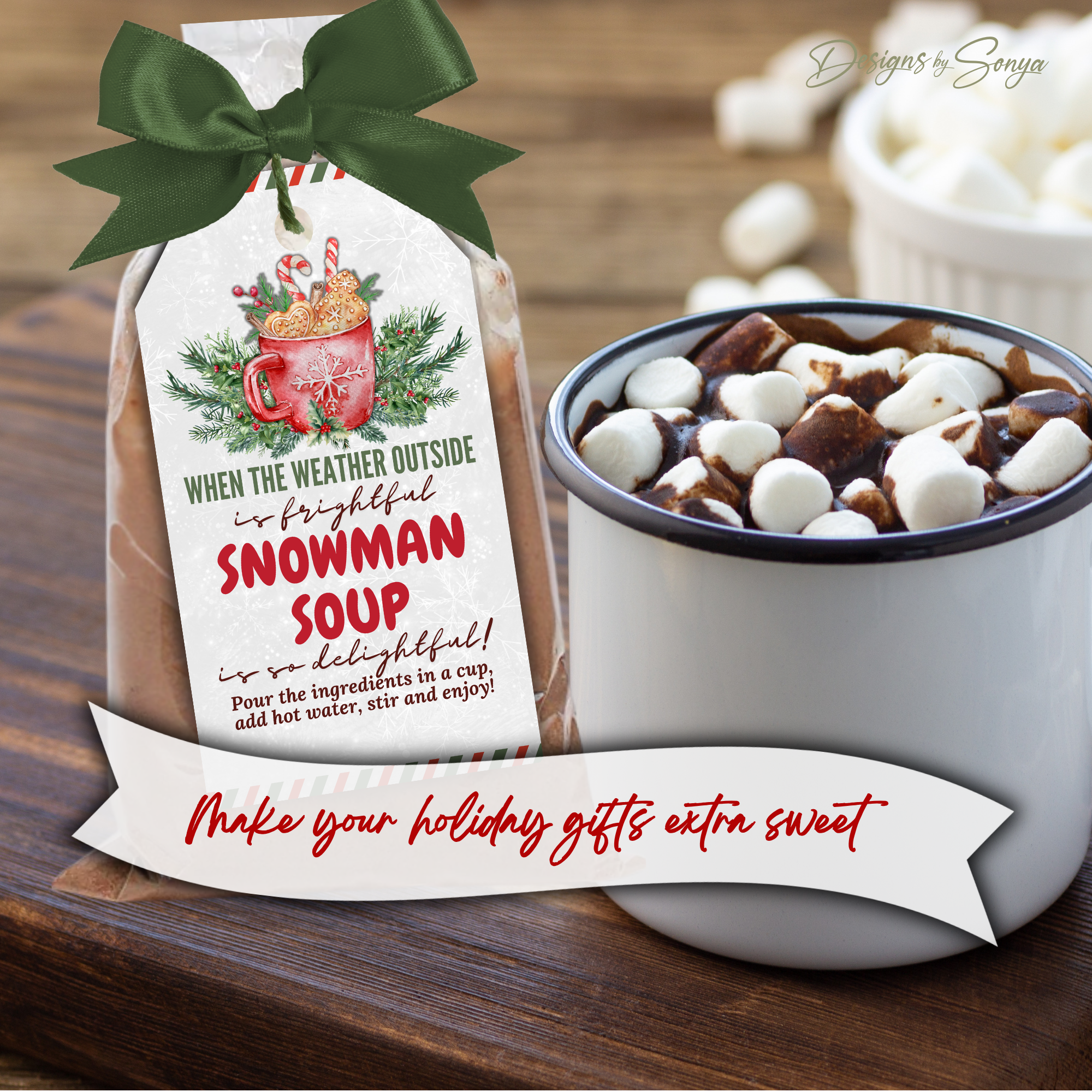 Snowman Soup Tag with Green Ribbon
Snowman Soup printable tag with festive greenery and candy canes tied to a jar gift with a bow, styled for Christmas cocoa kits.