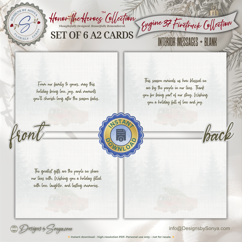 Engine 37 Firetruck Printable Christmas Note Cards | Set of 6 A2 - 5.5"x4.25"| Honor the Firefighter and First Responder Heroes
