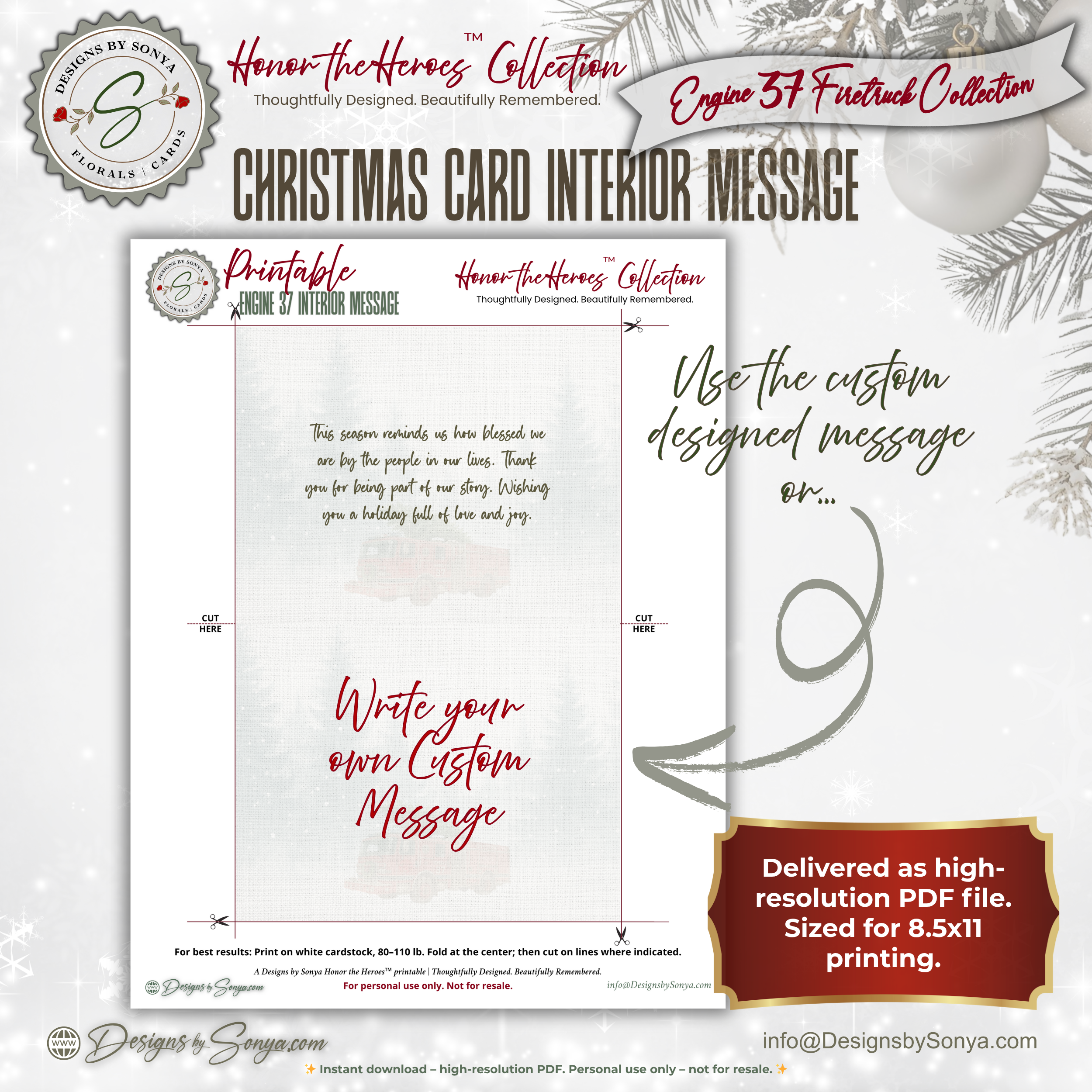 Printable Firefighter Santa Christmas Card, A2 (5.5”x4.25”), Fireman Holiday Greeting, First Responder Gift, Watercolor Art, Mailbox Scene