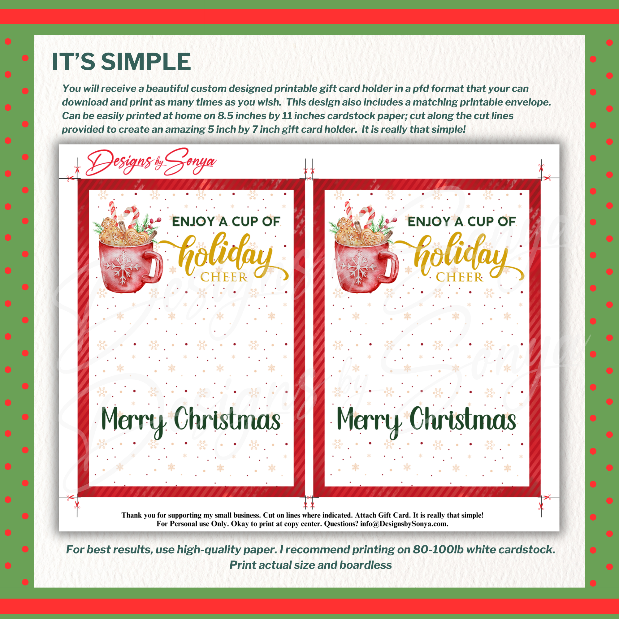 It’s Simple Sheet Preview

Side-by-side layout of two Holiday Cheer card holders on one page with trim marks and snowy background. Designed for printing on 80–100 lb cardstock for polished Christmas gifting.