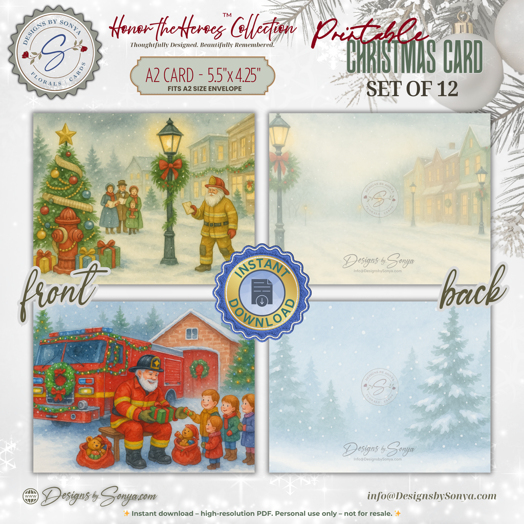 Printable Firefighter Santa Christmas Card Set of 12, A2 Cards (5.5”x4.25”), First Responder Holiday Greetings, Fire Station Watercolor Art