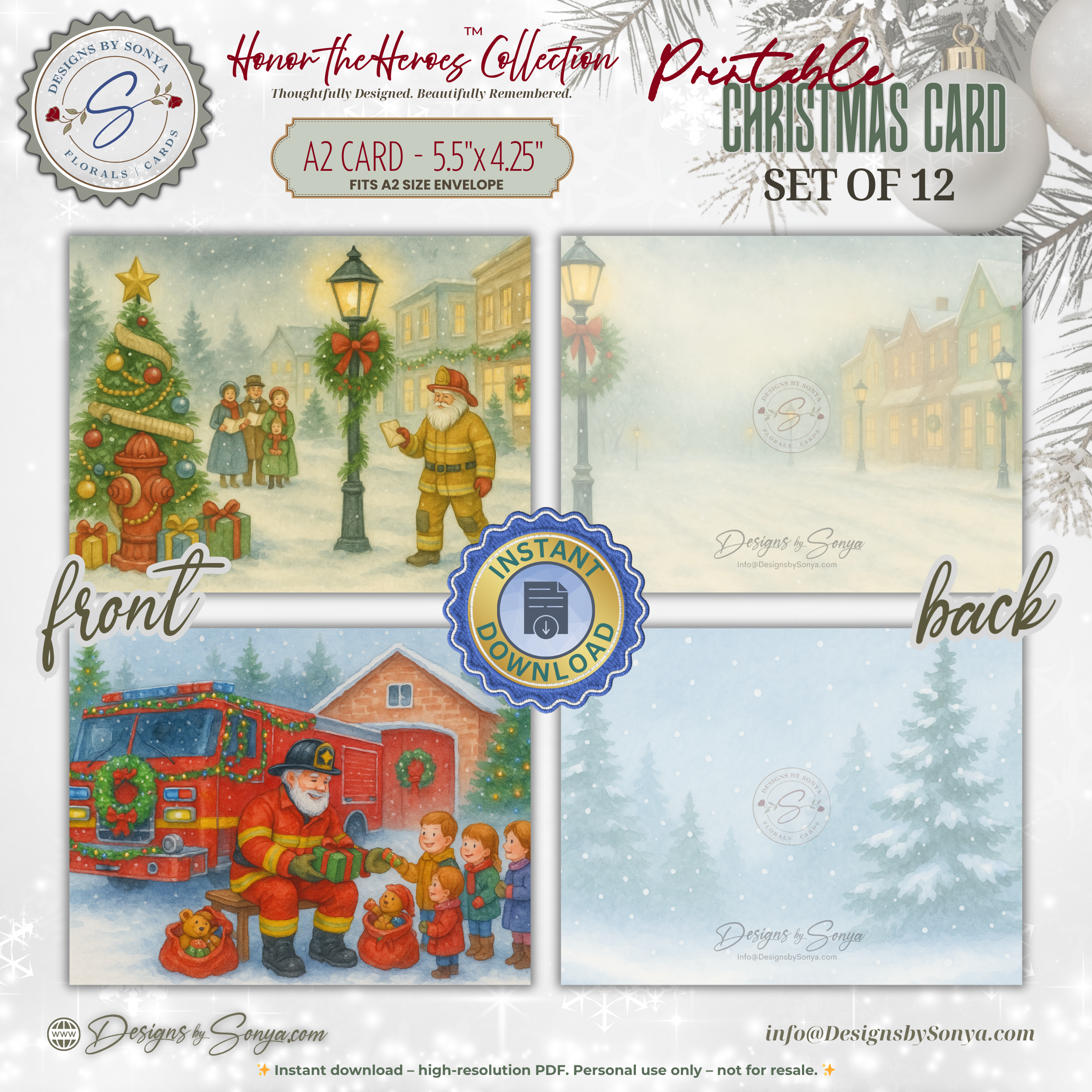 Printable Firefighter Santa Christmas Card Set of 12, A2 Cards (5.5”x4.25”), First Responder Holiday Greetings, Fire Station Watercolor Art