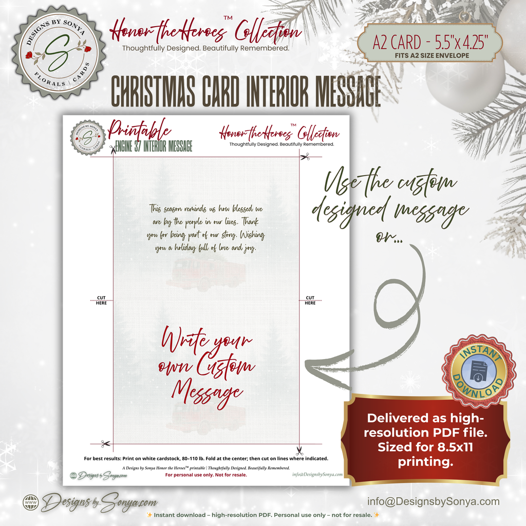 Printable Firefighter Christmas Card | Fireman Santa & Child | Vintage Firetruck Holiday Greeting Card | First Responder Christmas Printable