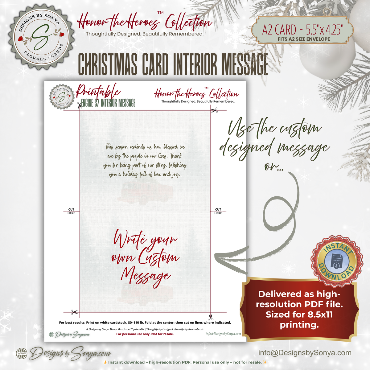 Printable Firefighter Christmas Card | Fireman Santa & Child | Vintage Firetruck Holiday Greeting Card | First Responder Christmas Printable