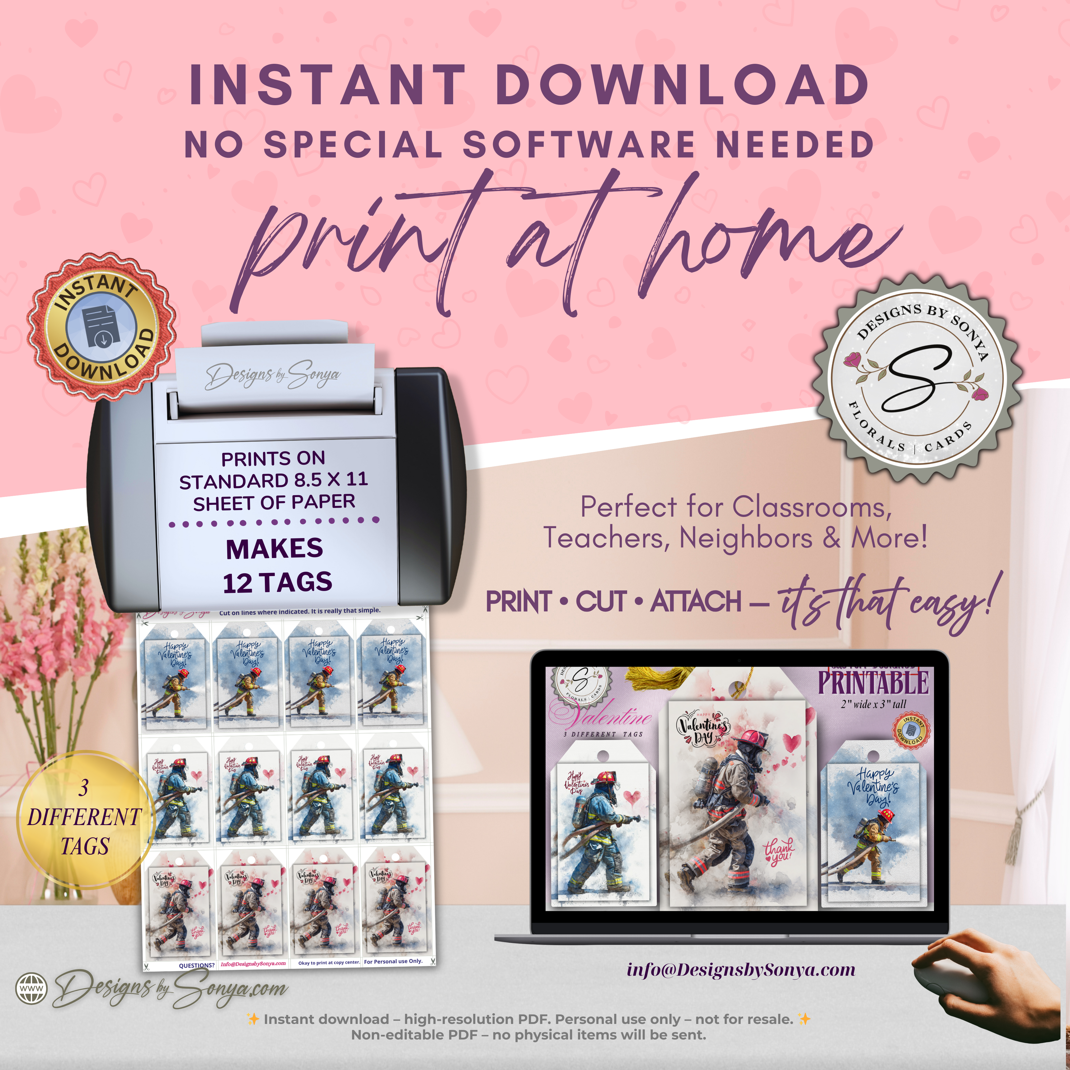 Firefighter Valentine Printable Gift Tags – Watercolor Fireman Label – First Responder Treat Tag – 2” x 3” Holiday Favor