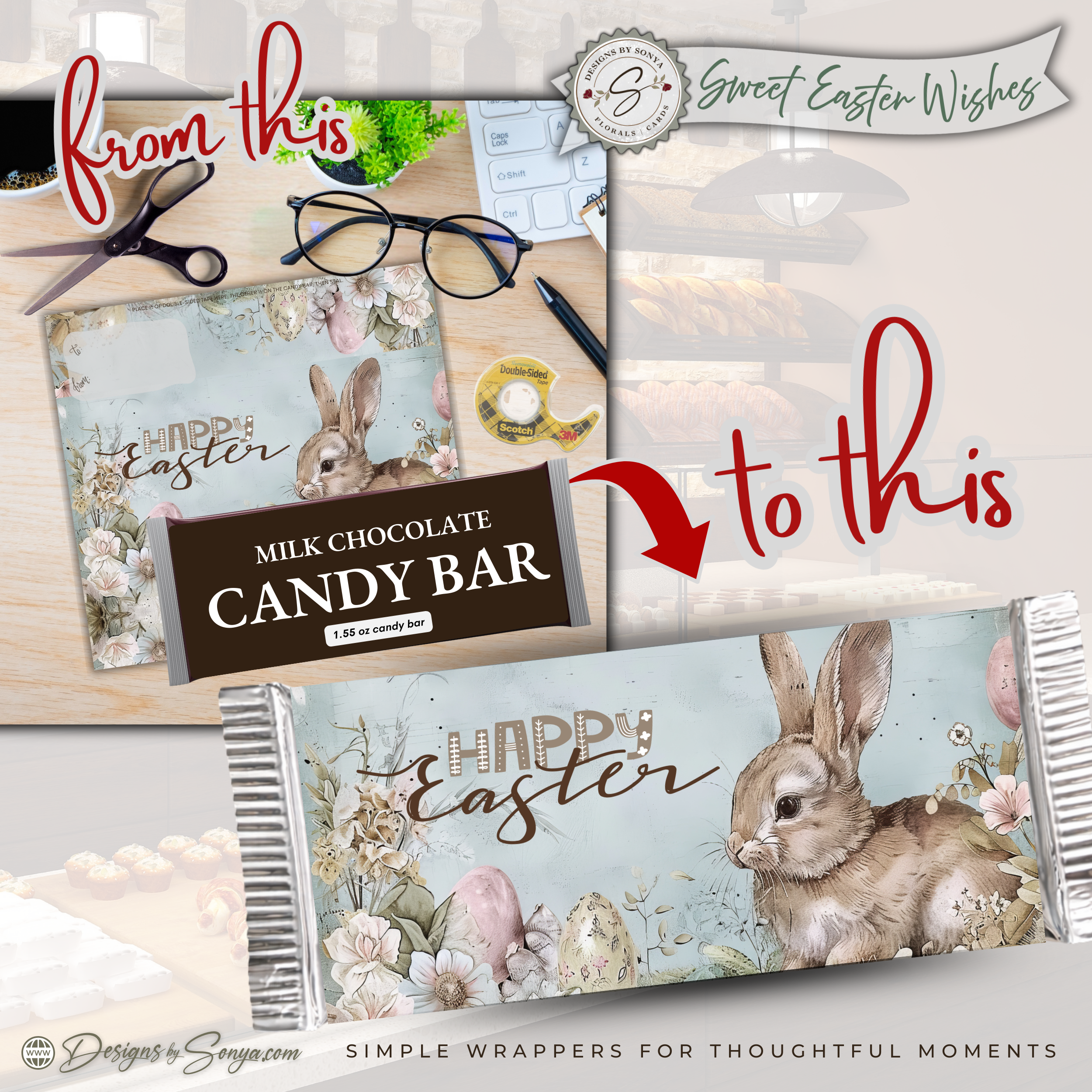 Easter Bunny Candy Bar Wrapper Printable – Sweet Easter Wishes Chocolate Bar Sleeve – Spring Treat Party Favor for Kids, Teachers & Friends