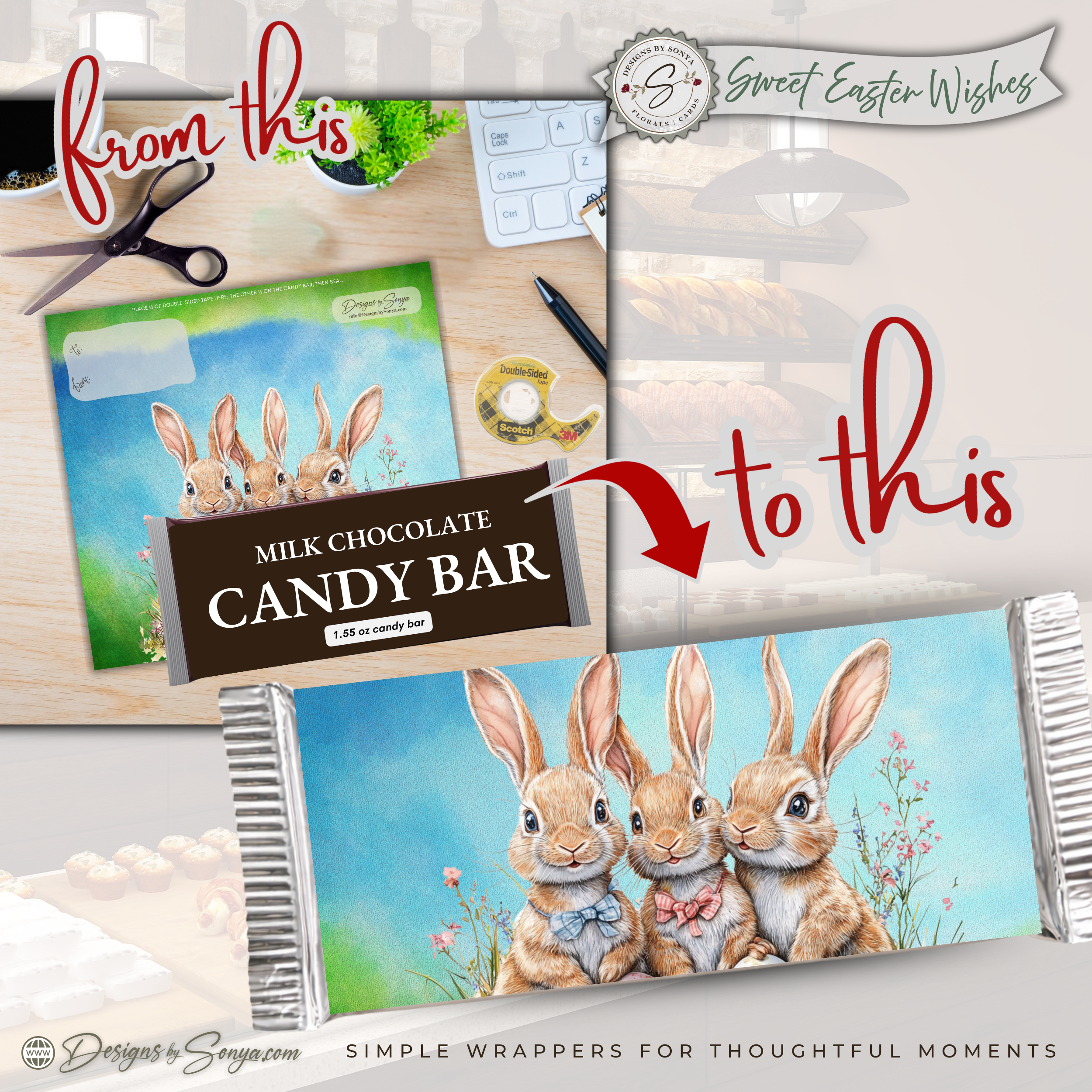 Three Bunny Easter Candy Bar Wrapper Printable – Watercolor Spring Chocolate Wrap for 1.55 oz Bars – Classroom Party Favor - Easter Basket Treat