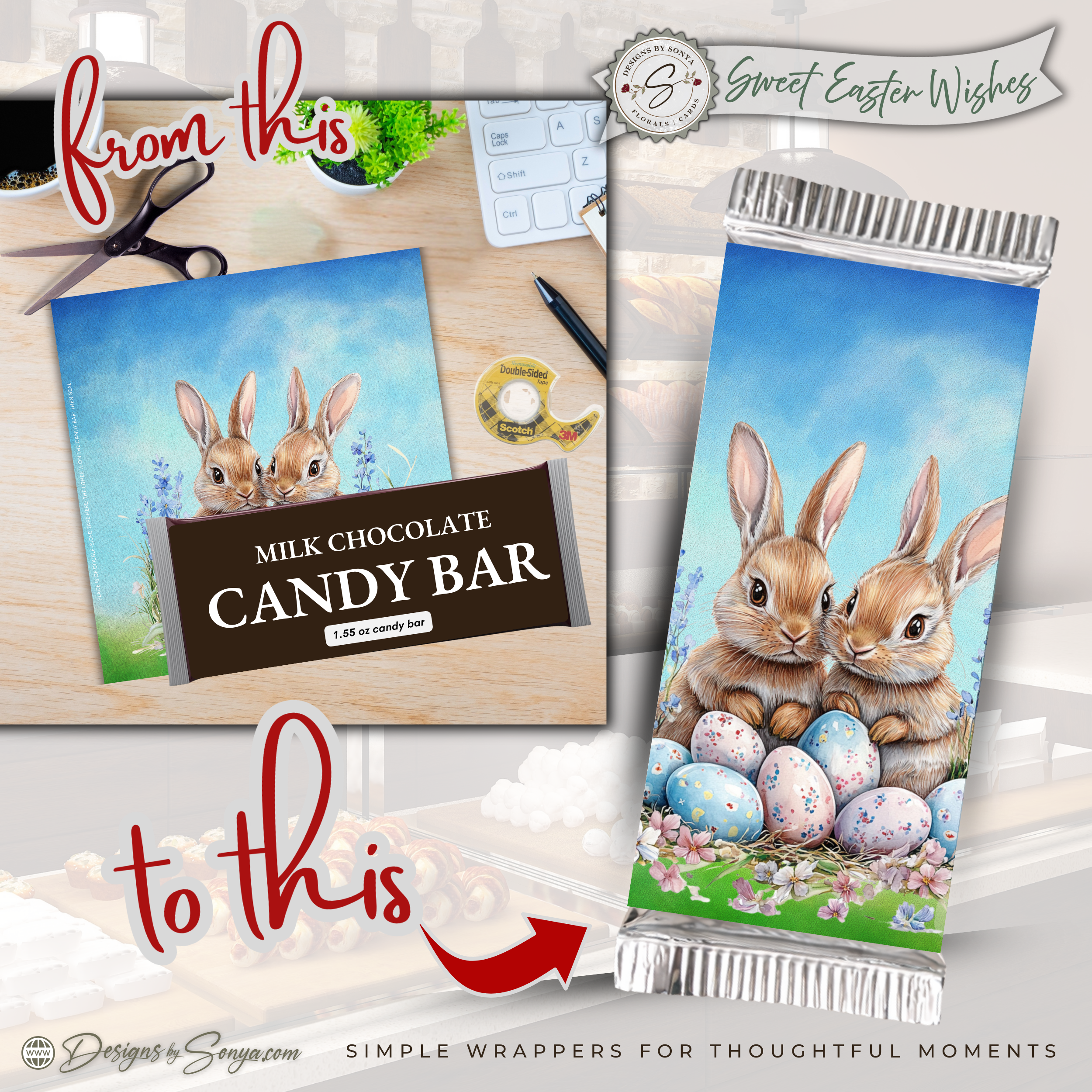 Sweet Easter Wishes Bunny Candy Bar Wrapper Printable – Watercolor Chocolate Sleeve for 1.55 oz Bars – Spring Basket Party Favor Treat