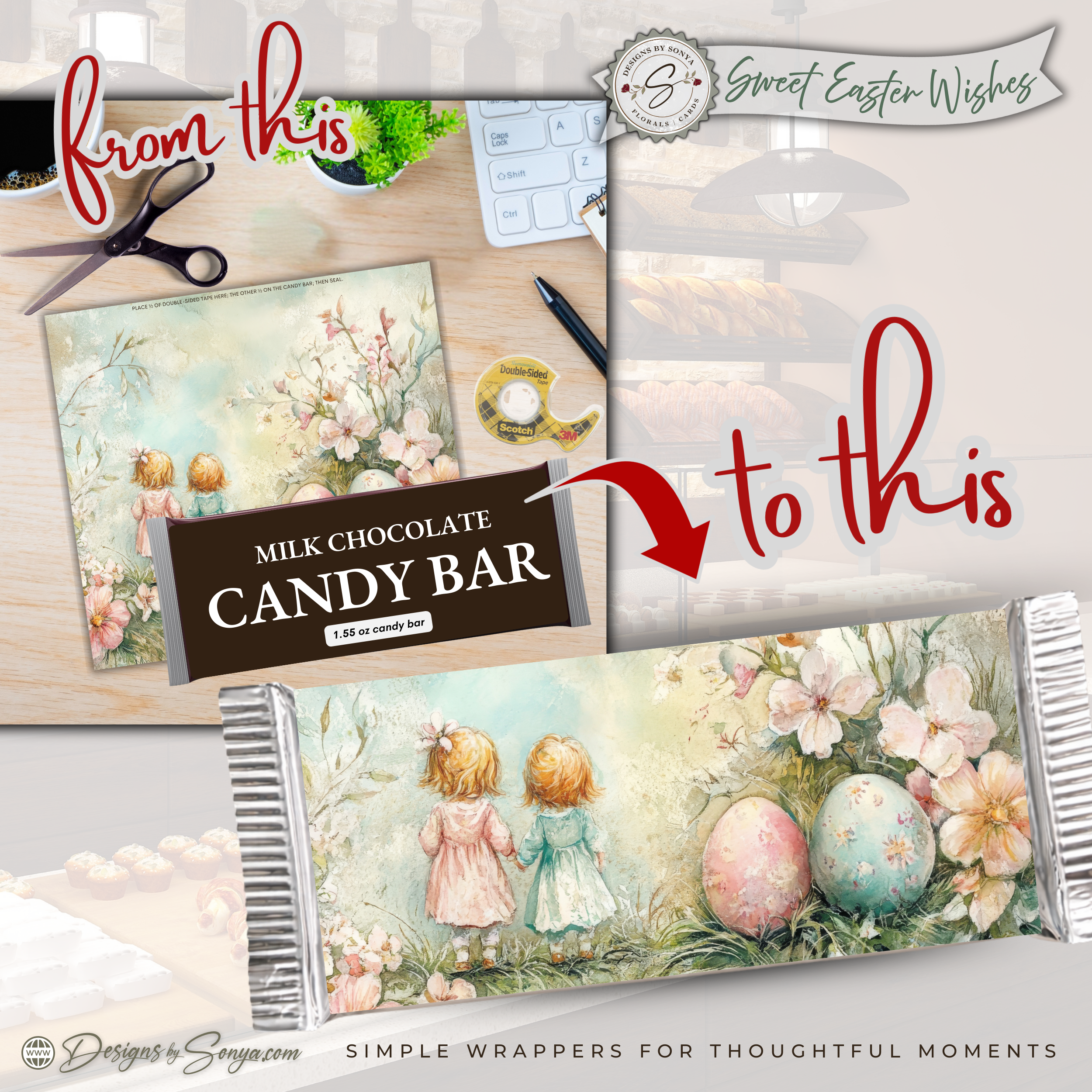 Vintage Easter Girls Candy Bar Wrapper Printable – Watercolor Spring Children Chocolate Sleeve – Easter Party Favor Treat for Easter Baskets