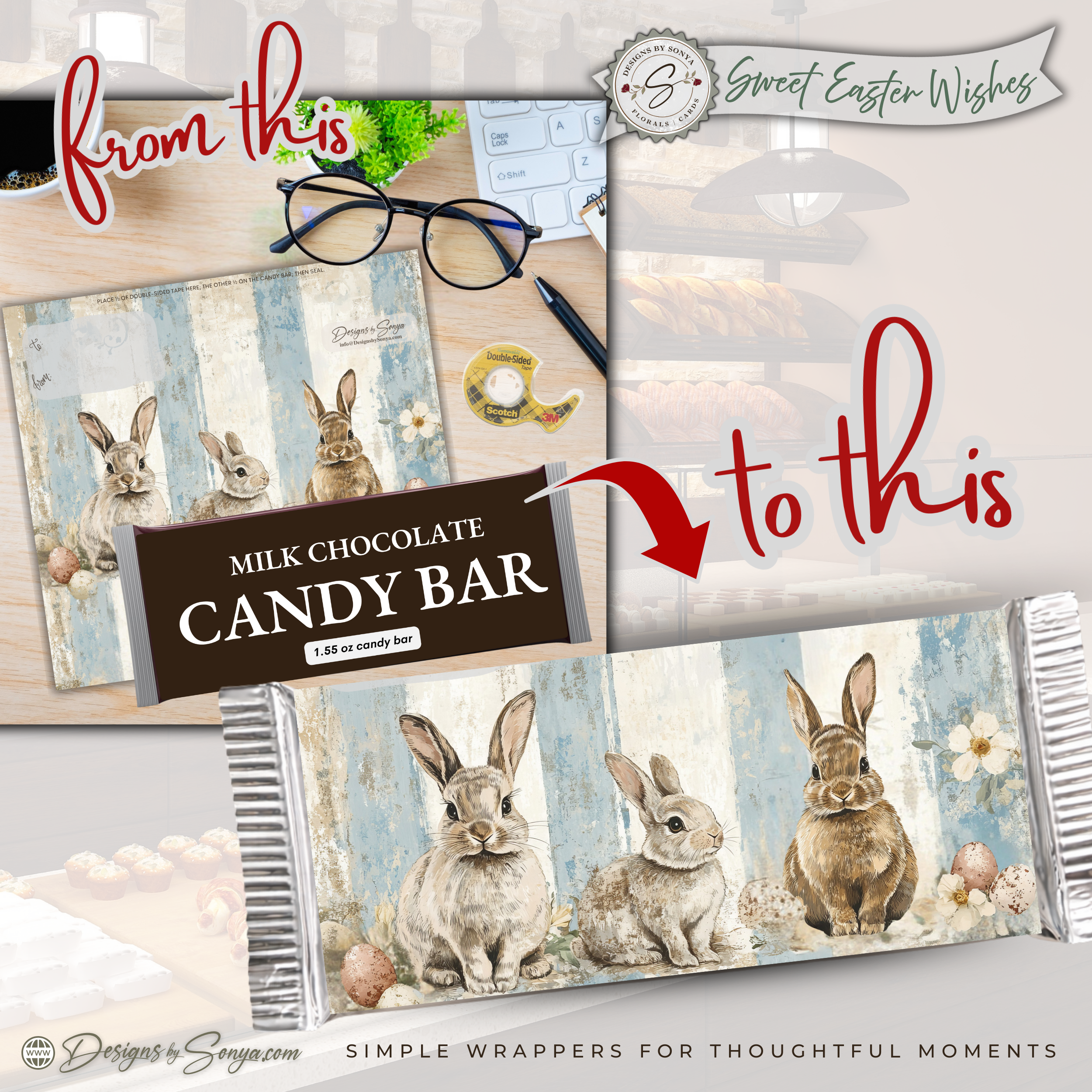 Easter Bunny Candy Bar Wrapper Printable – Trio Bunny Chocolate Bar Sleeve – Spring Treat Party Favor for Kids, Teachers & Friends