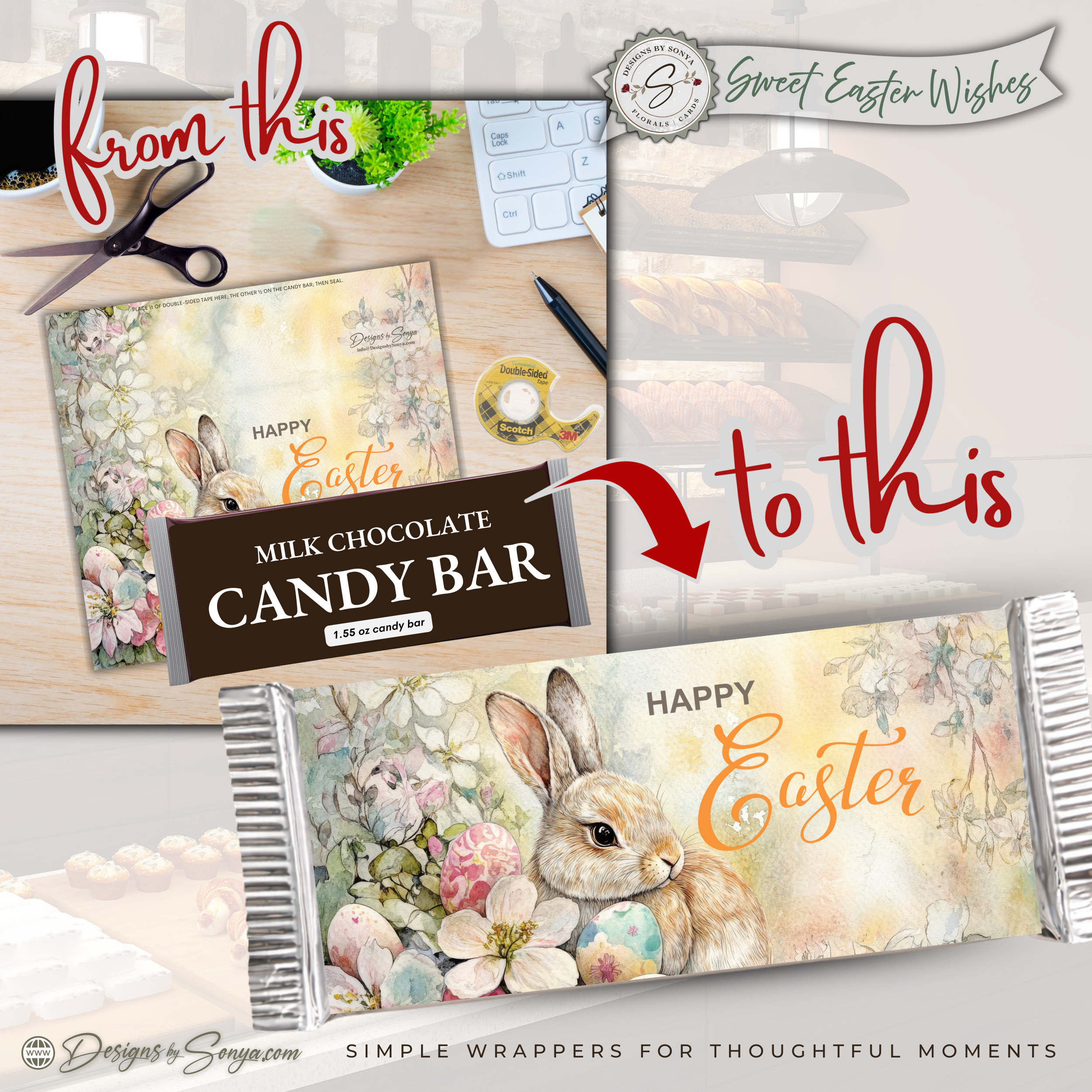 Easter Bunny Candy Bar Wrapper Printable – Watercolor Floral Happy Easter Chocolate Sleeve – Spring Party Favor for Kids Teachers Friends