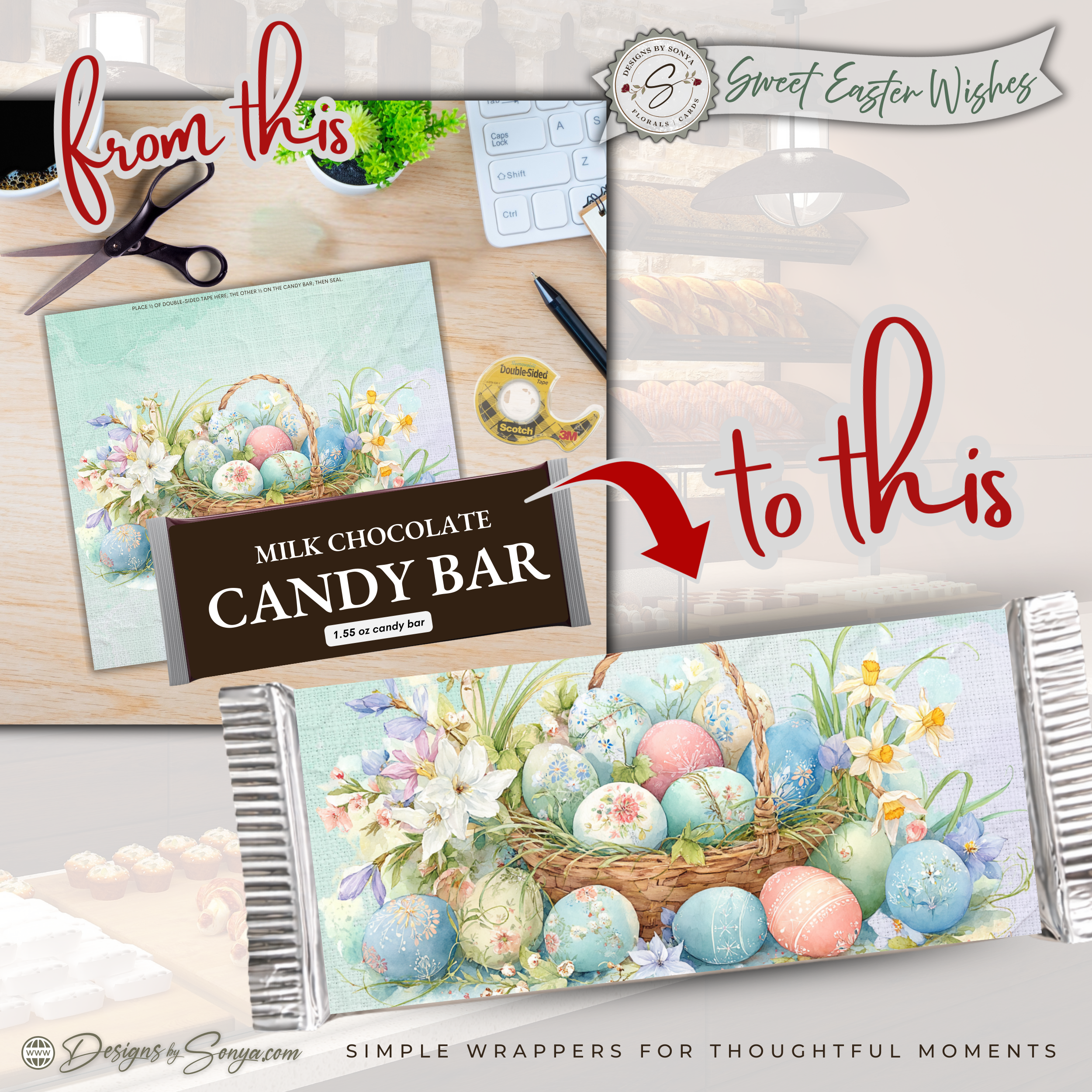 Easter Basket Eggs Candy Bar Wrapper Printable – Sweet Easter Wishes Chocolate Sleeve – Spring Party Favor for Kids Teachers Friends
