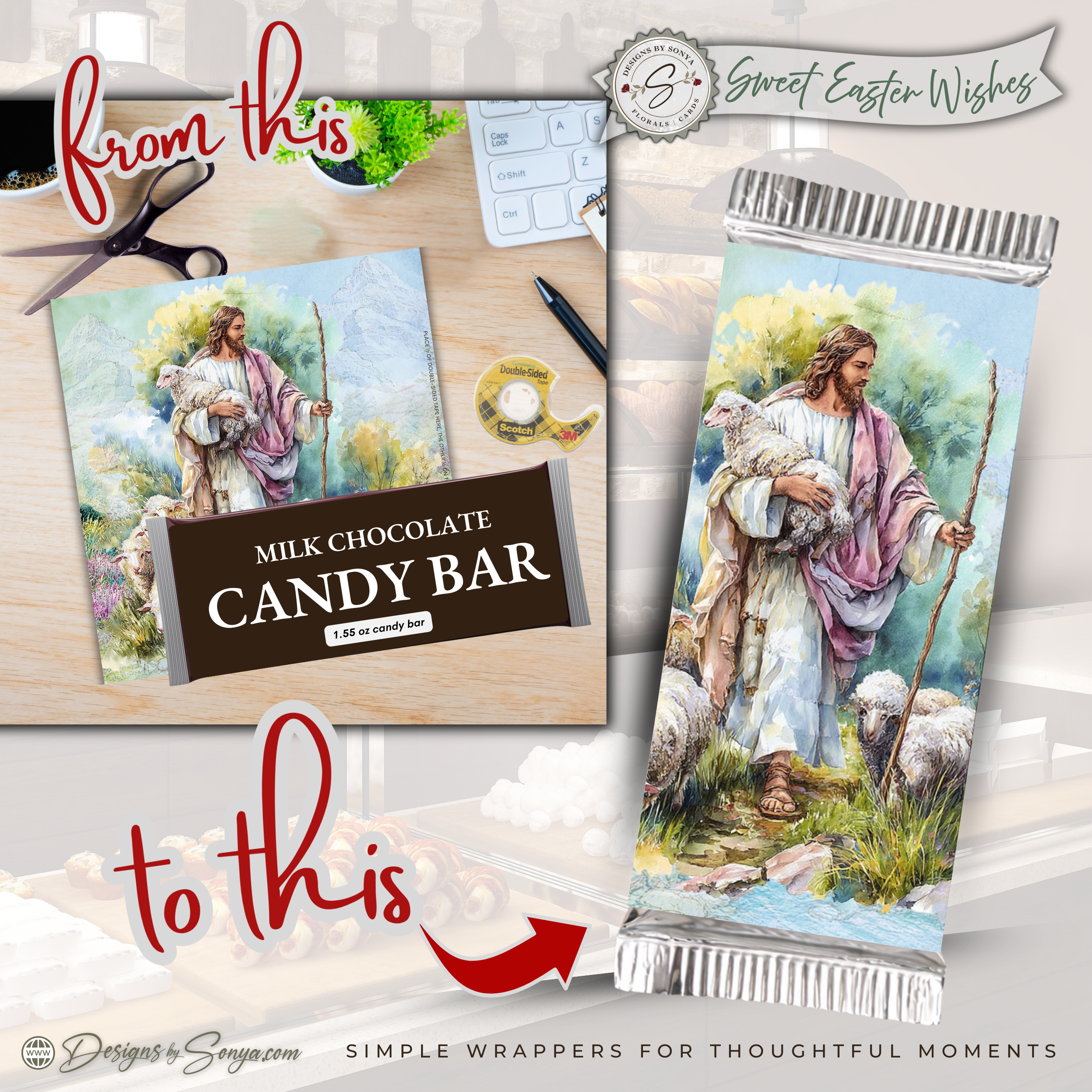 Good Shepherd Easter Candy Bar Wrapper Printable – Jesus with Lamb Watercolor Chocolate Wrap for 1.55 oz Bars – Religious Spring Basket Favor