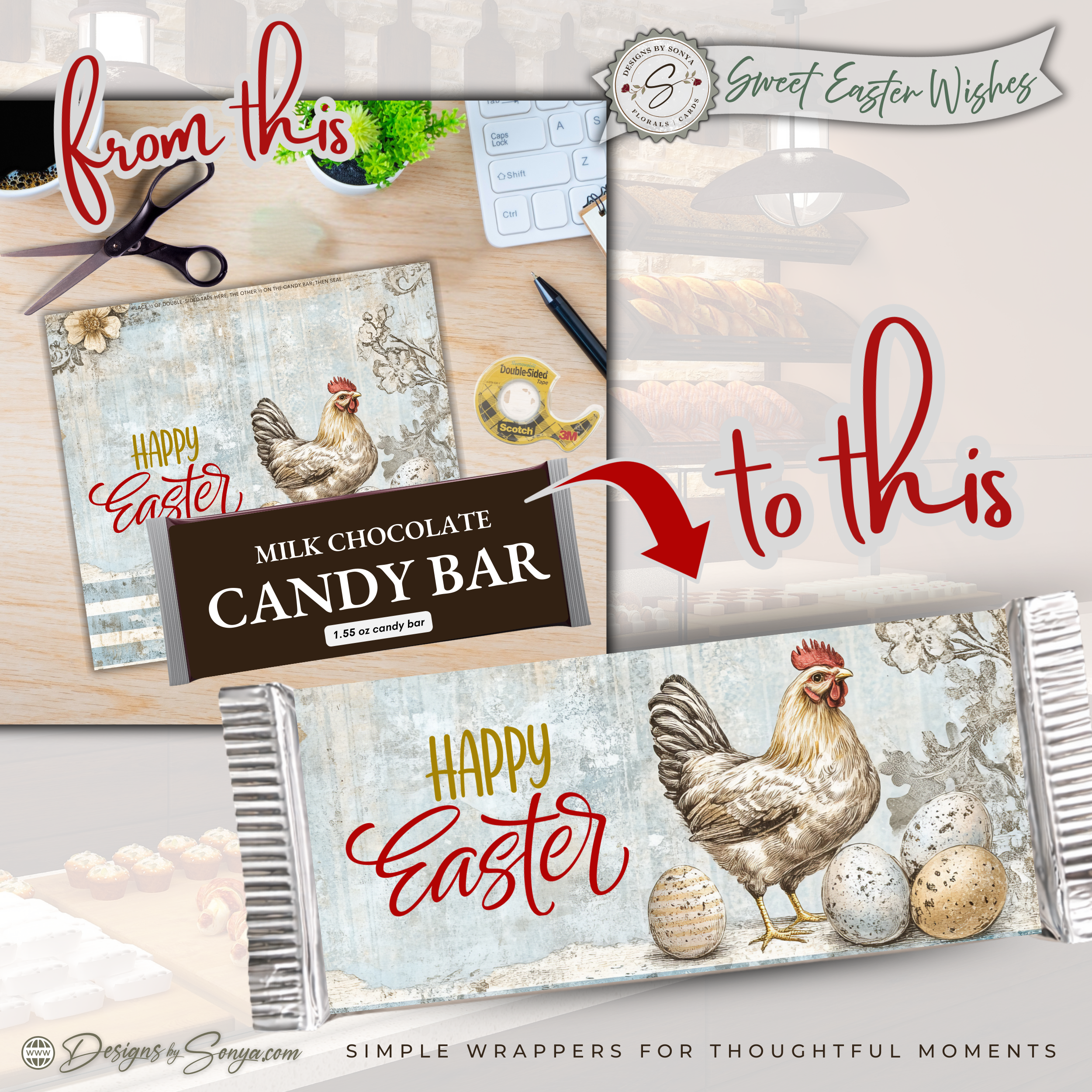 Happy Easter Candy Bar Wrapper Printable – Farm Chicken Chocolate Bar Sleeve – Rustic Spring Party Favor for Kids Teachers Friends
