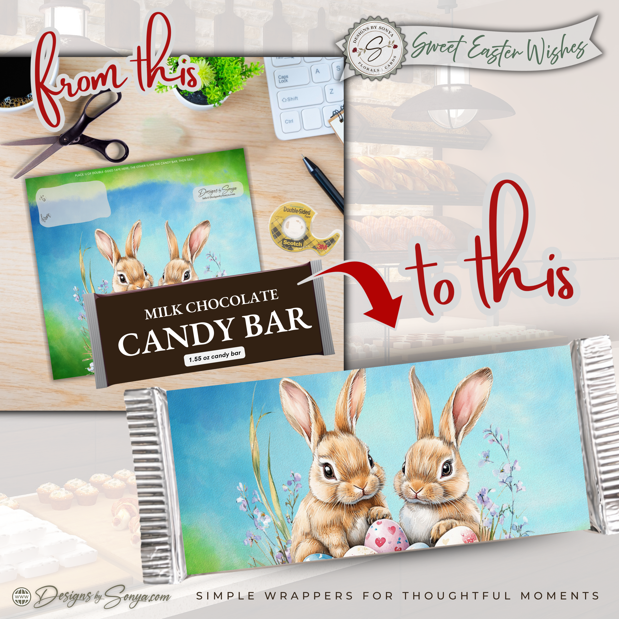 Watercolor Bunny Easter Candy Bar Wrapper Printable – Nest & Speckled Eggs Chocolate Wrap for 1.55 oz Bars – Spring Party Favor - Easter Basket Treat