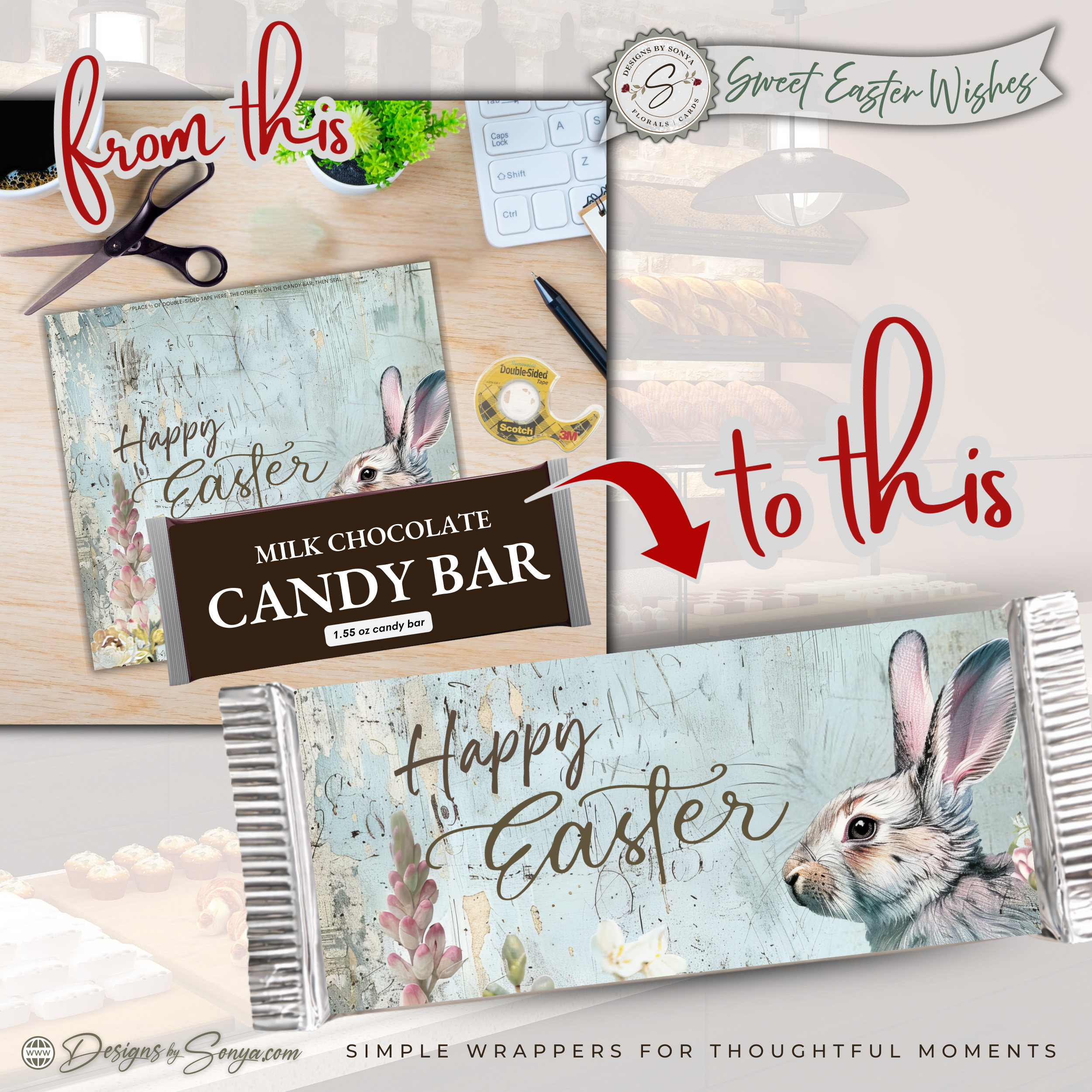 Watercolor Bunny Easter Candy Bar Wrapper Printable – Sweet Easter Wishes Chocolate Sleeve – Easter Basket Party Favor for Kids Teachers Friends