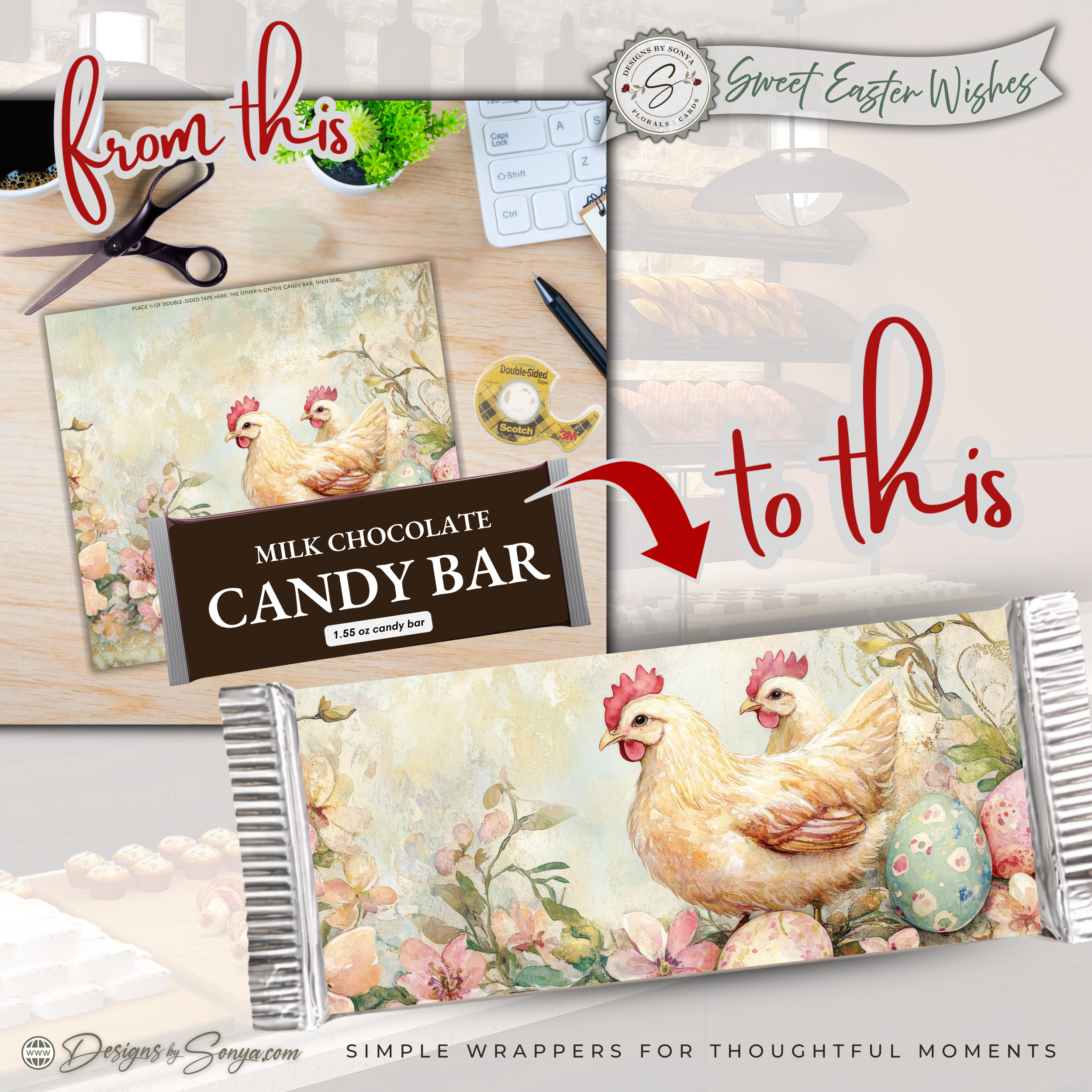 Farm Chicken Easter Candy Bar Wrapper Printable – Rustic Watercolor Happy Easter Chocolate Sleeve – Spring Party Favor Treats for Easter Baskets