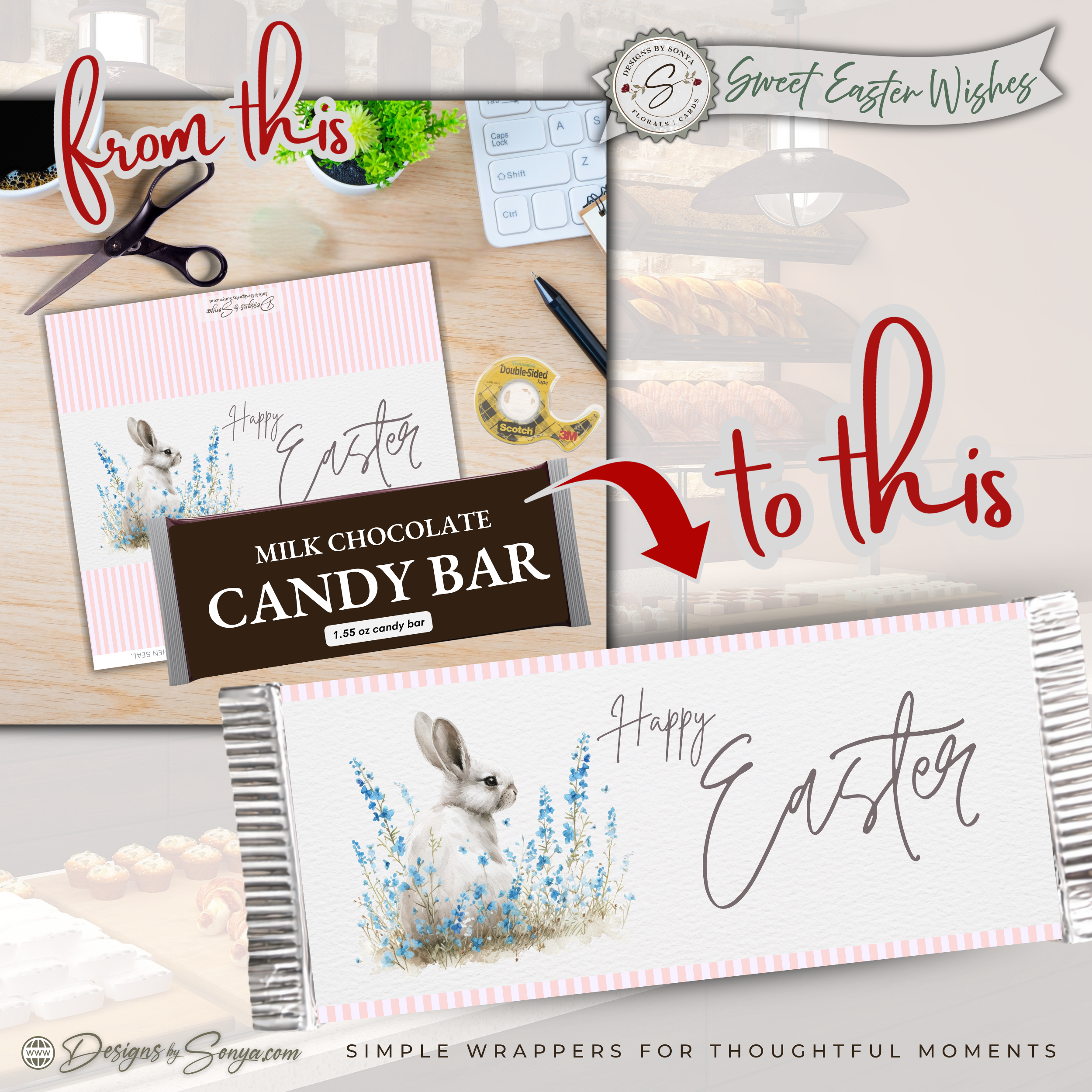 Watercolor Easter Candy Bar Wrapper, Printable Easter Treat Wrapper, Bunny Candy Wrapper, Easter Party Favor, Kids Gift, Classroom Treat - Easter Basket Treat