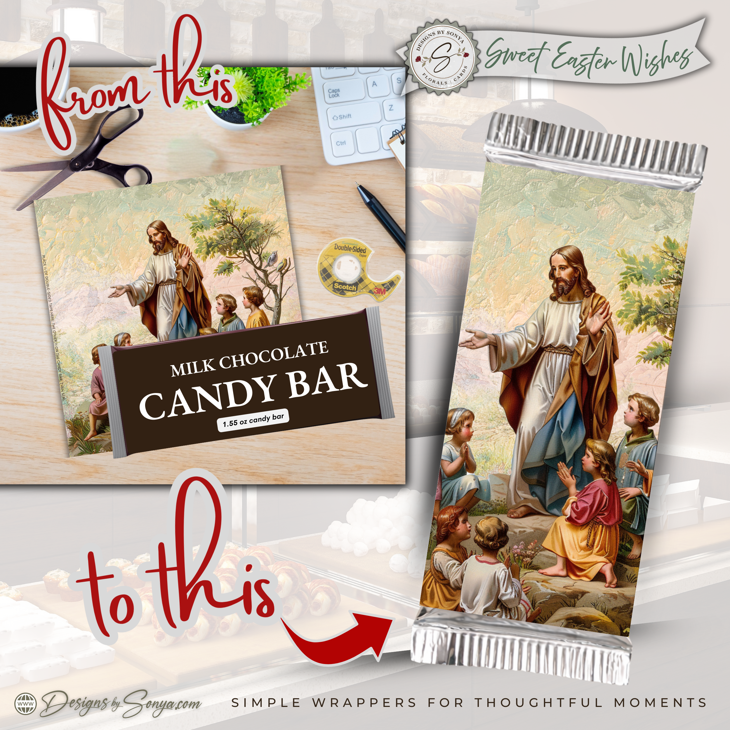 Jesus with Children Easter Candy Bar Wrapper Printable – Faith Based Chocolate Wrap for 1.55 oz Bars – Religious Spring Party Favor - Easter Basket