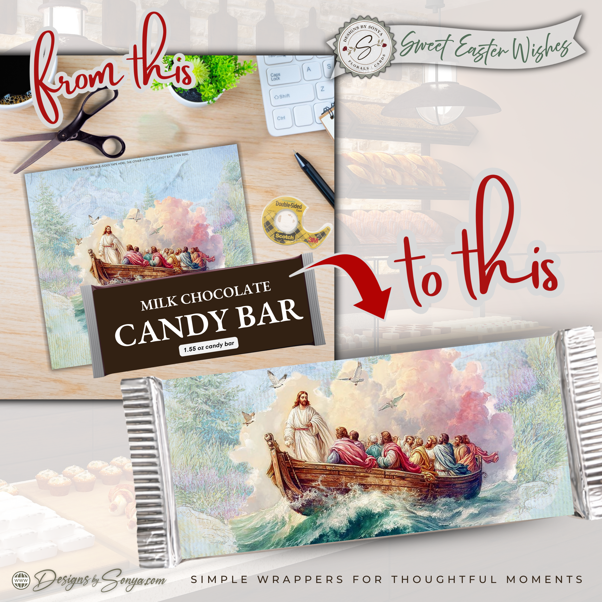 Jesus Calms the Storm Easter Candy Bar Wrapper Printable – Watercolor Disciples Boat Chocolate Wrap for 1.55 oz Bars – Religious Easter Basket Favor