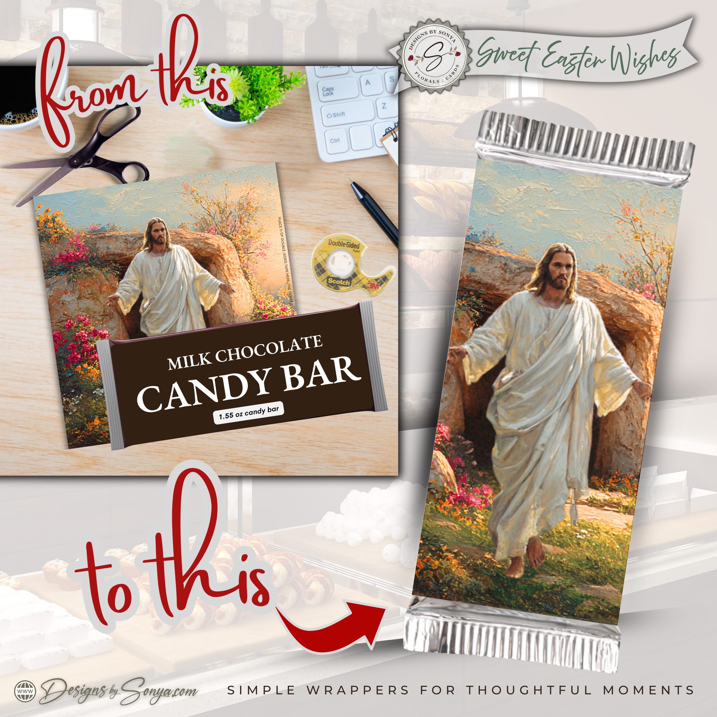 He Is Risen Easter Candy Bar Wrapper Printable – Resurrection Jesus Watercolor Chocolate Wrap for 1.55 oz Bars – Religious Spring Easter Basket Favor