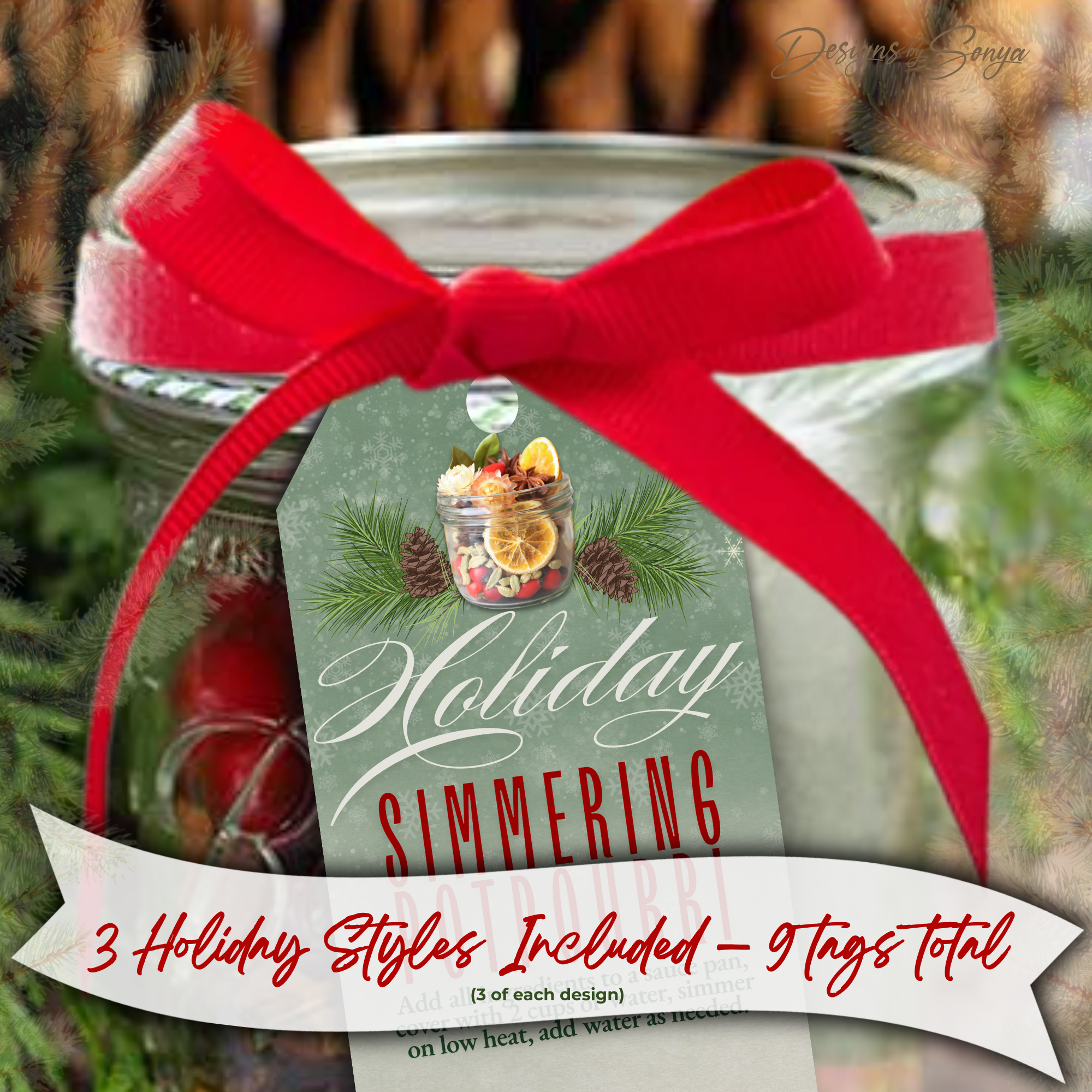 Green Holiday Potpourri Tag Close-Up
Close-up of green simmering potpourri tag tied to a jar with a red ribbon. Ideal for corporate holiday gifts, handmade Christmas keepsakes, and religious gift giving.