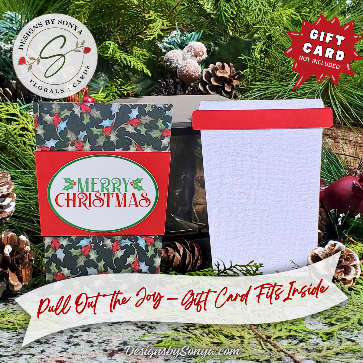 Handmade Christmas Gift Card Holder | Coffee Cup Gift Card Holder for Teachers, Coworkers & Coffee Lovers | Holly & Red Berries Design