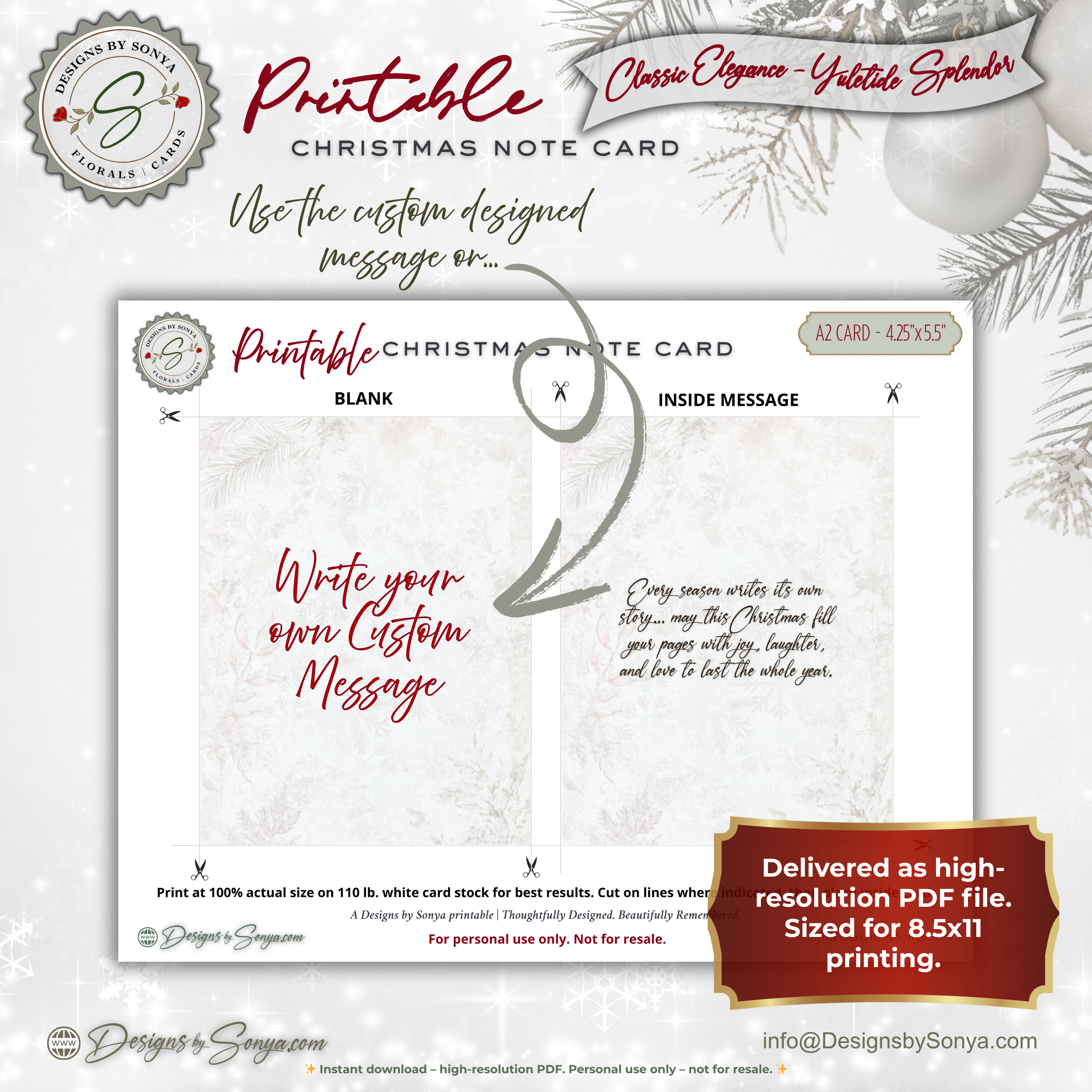 Printable Christmas Card • Vintage Typewriter Holiday Note Card • A2 (4.25" x 5.5") Floral Winter Design • Words of Joy Greeting