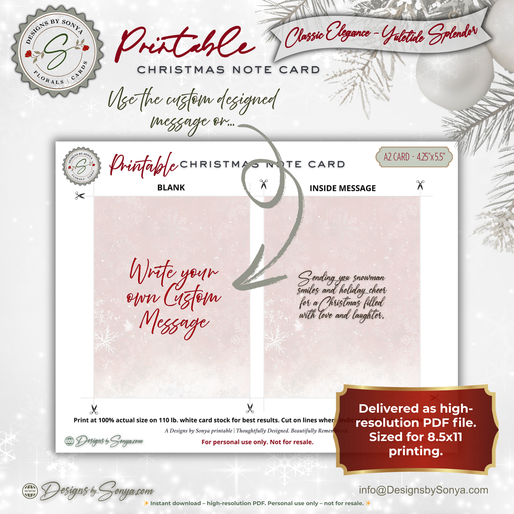 Vintage Snowman Christmas Printable Card • A2 (4.25" x 5.5") Folded Holiday Greeting Note Card • Winter Snowflake Art • Christmas Stationery